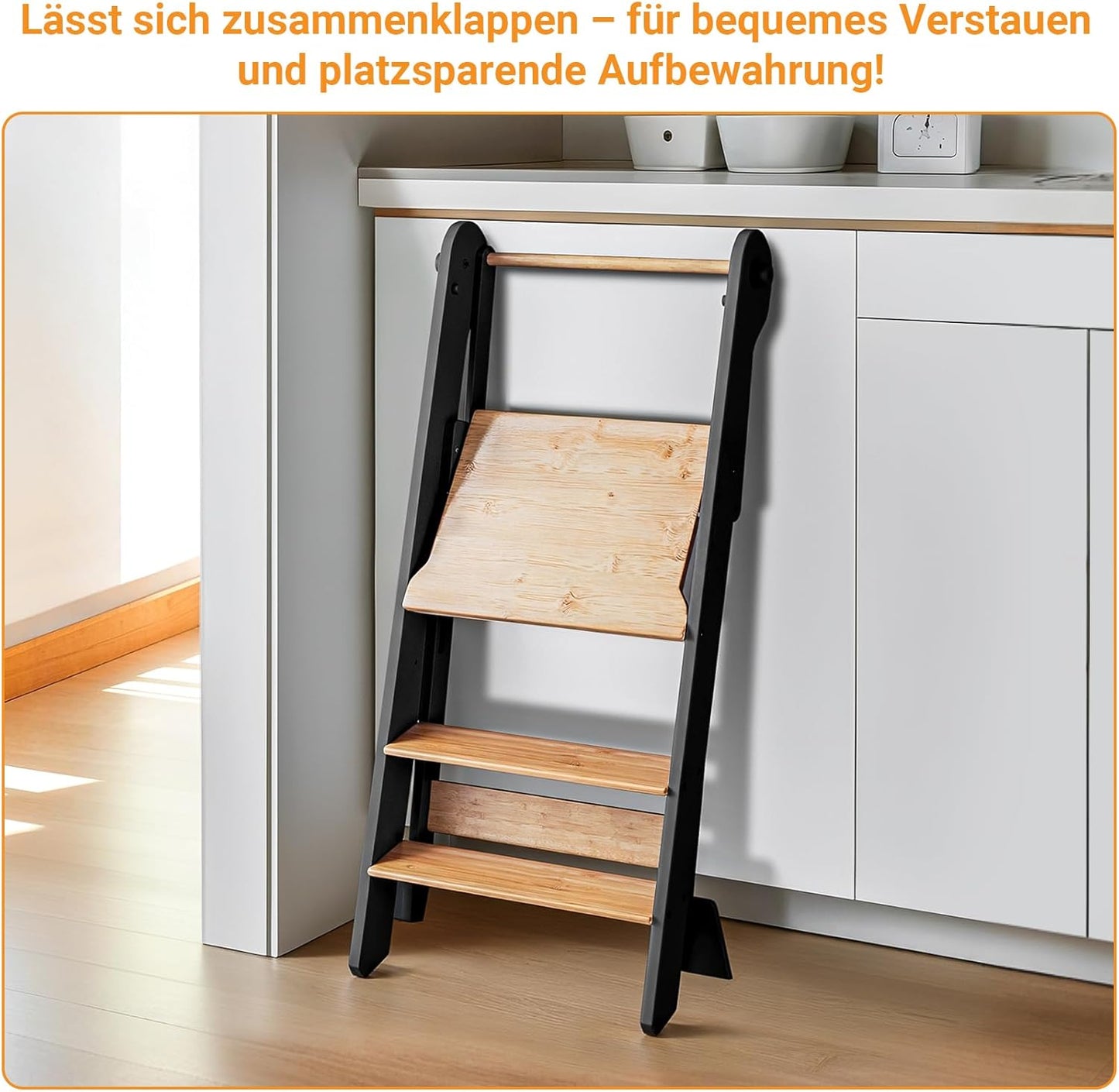 Klappbarer Lernturm, Schwarz mit Naturholz