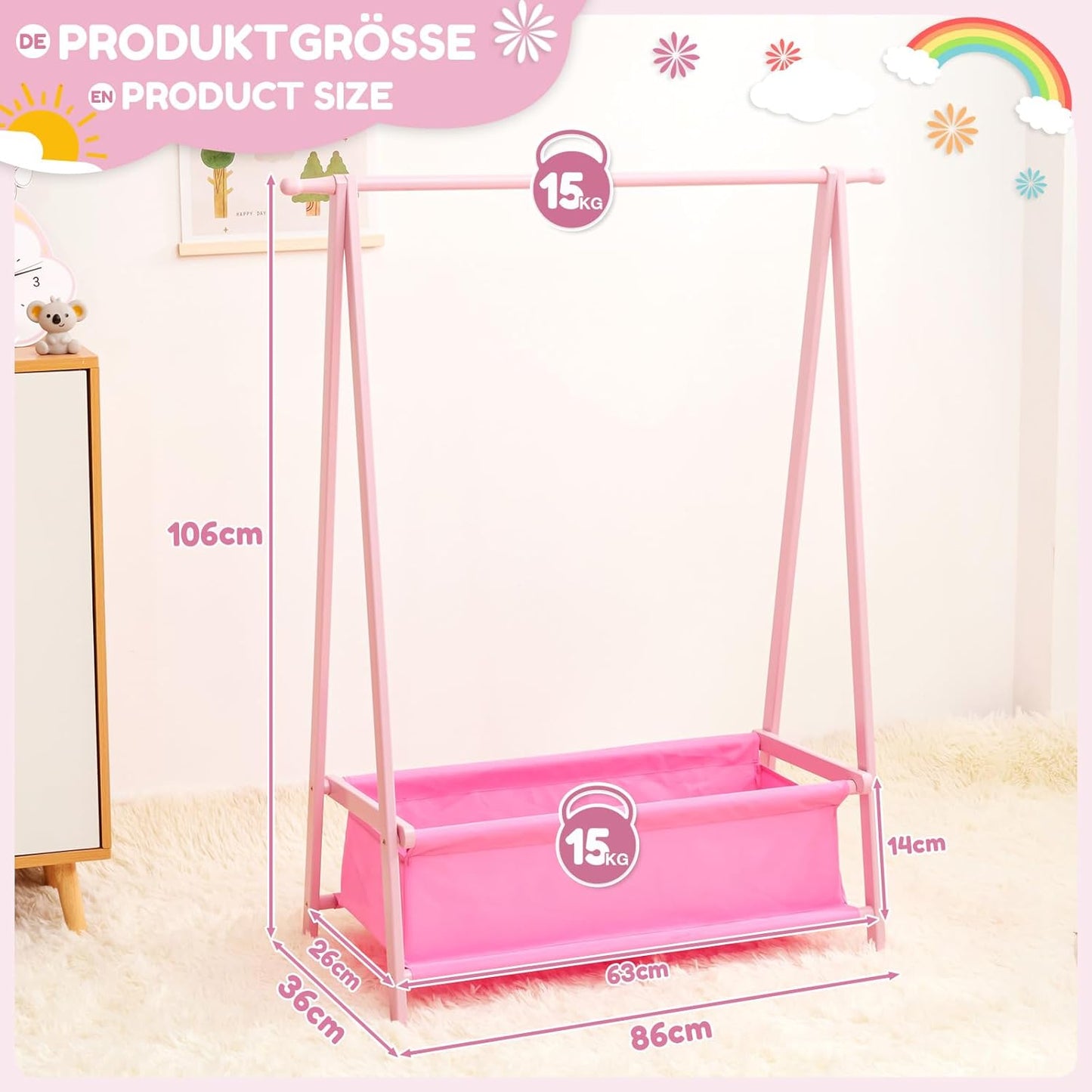 Kinderkleiderständer mit Aufbewahrungskiste, Rosa
