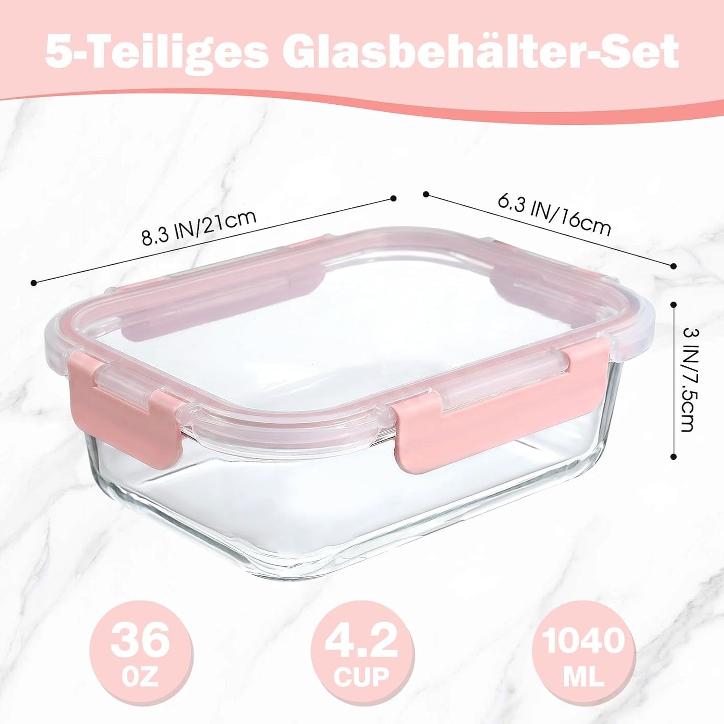 5-teiliges Vorratsbehälter-Set mit Deckel, Rosa-5 Stück