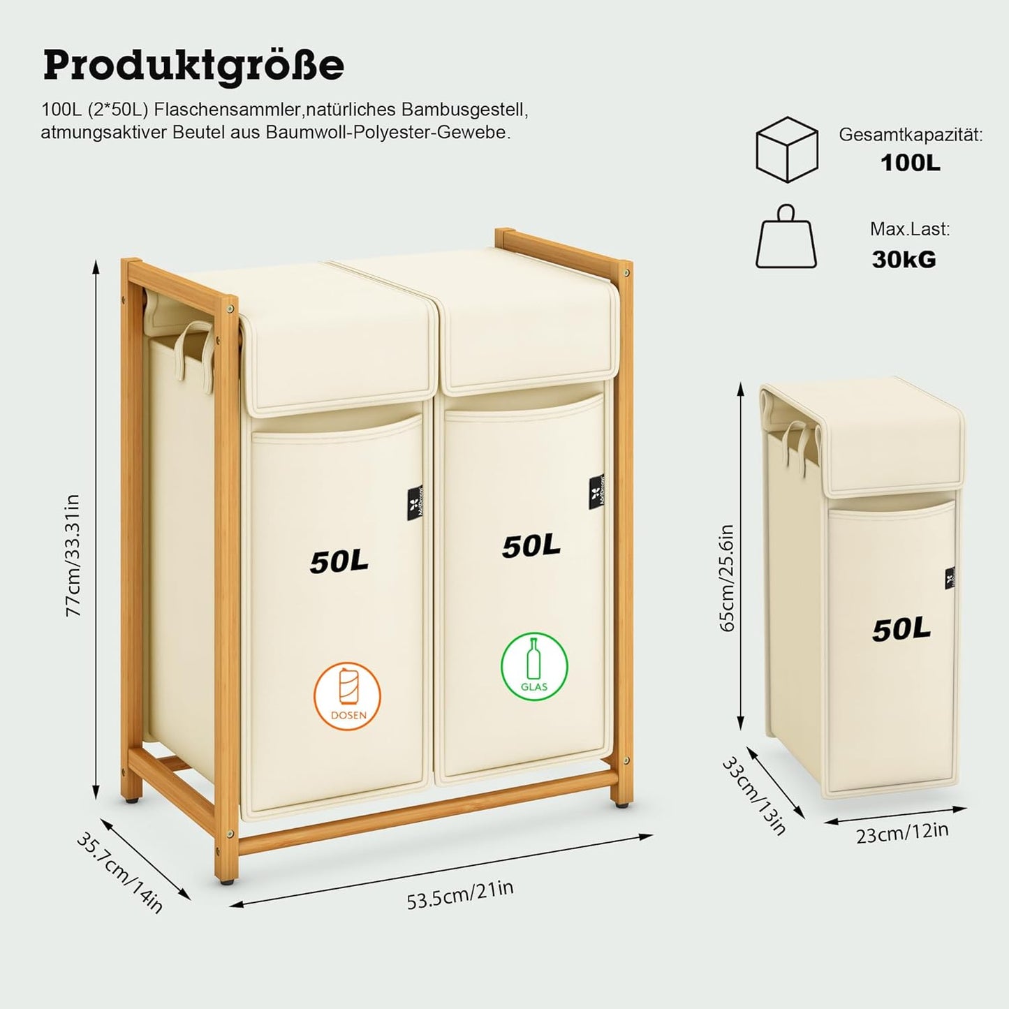 Pfandflaschen Sammelbehälter 100L, 2 Fächer, 100l Beige