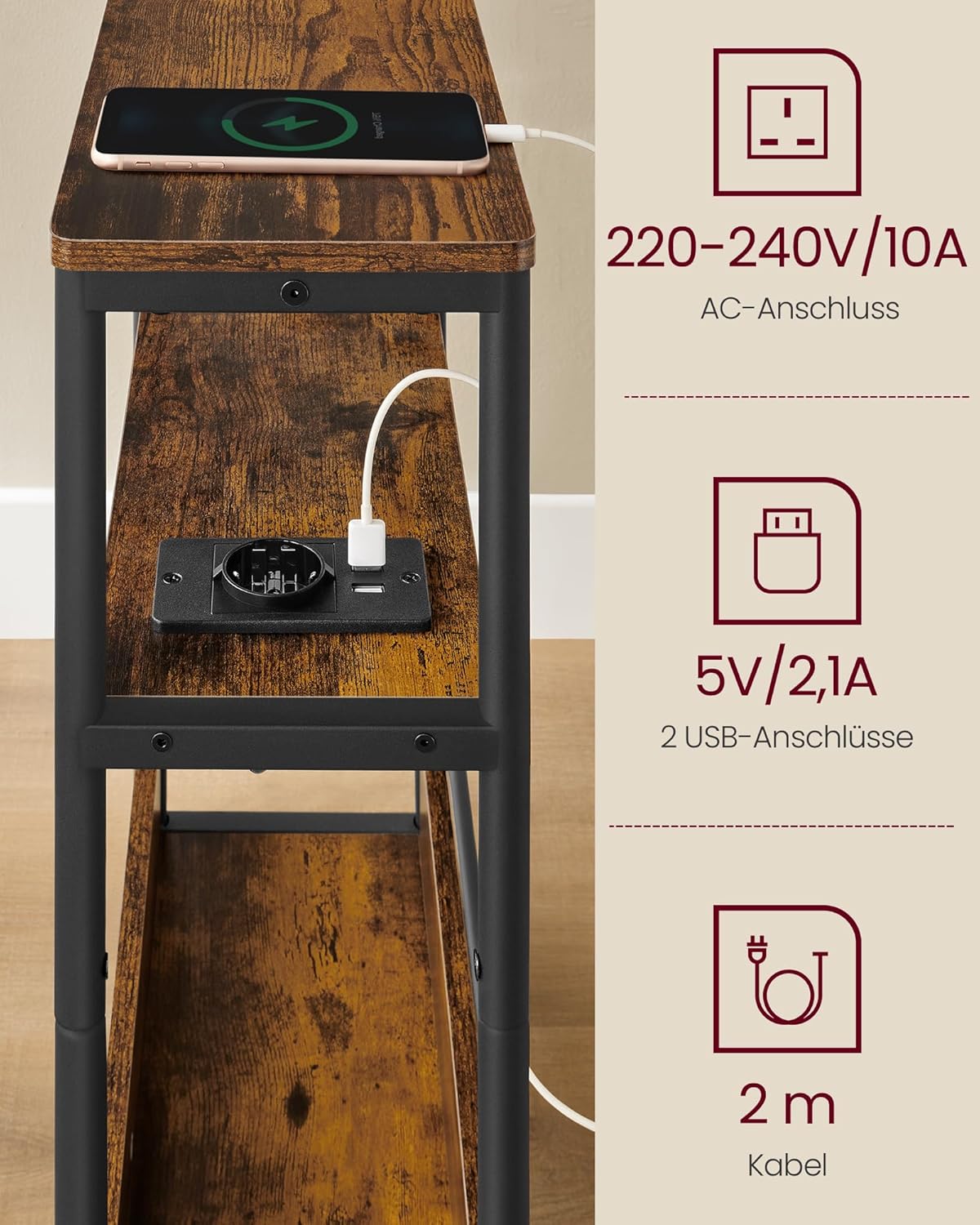 Schmaler Beistelltisch mit Ladefunktion und Ablagen, Vintagebraun + Tintenschwarz