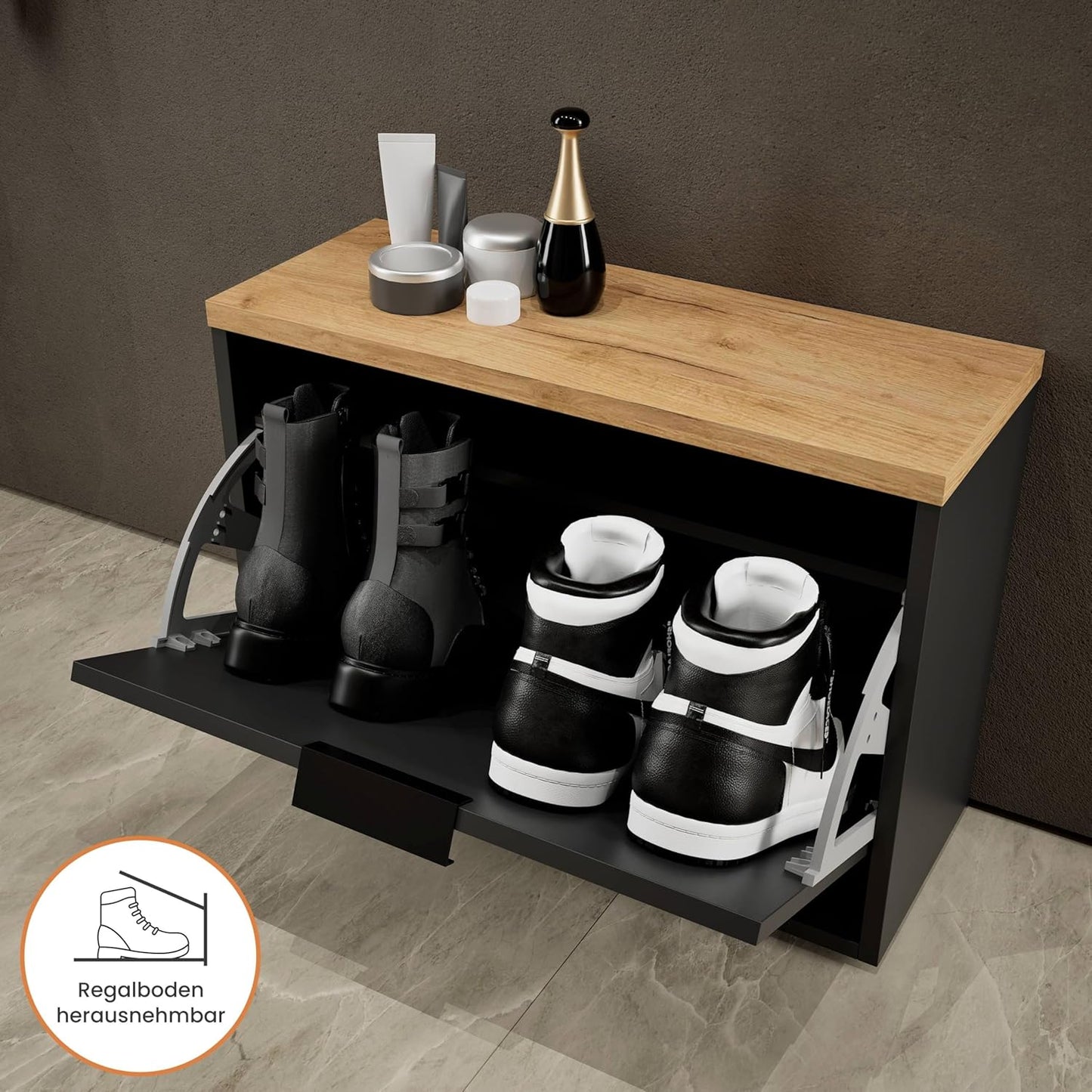 Kleiner Schuhschrank mit Ablage und Klappe, 1 Klappe Schwarz