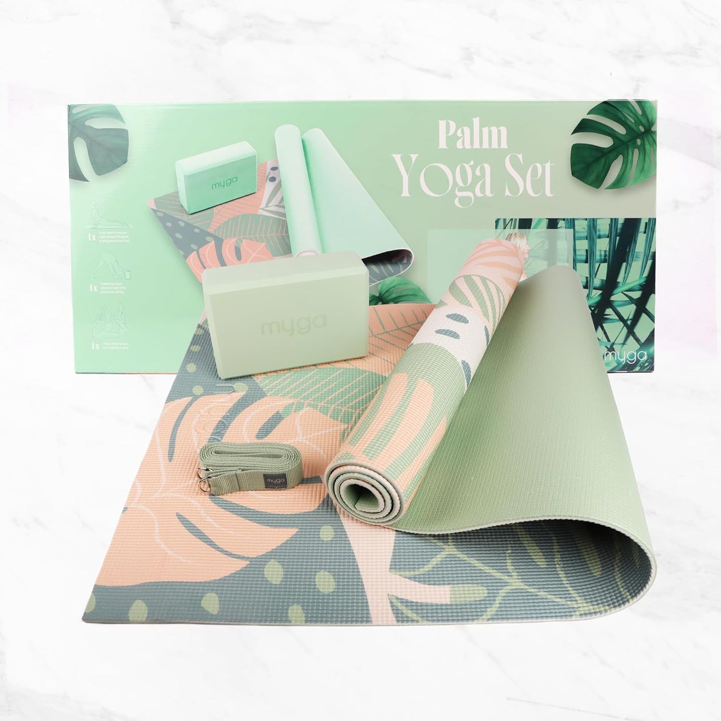 Yoga-Starter-Set mit Matte, Block & Gurt, Palm