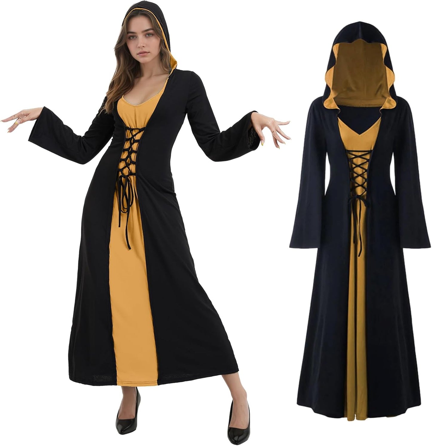 Mittelalterliches Cosplay Maxi-Kleid mit Kapuze, L Schwarz und Gold