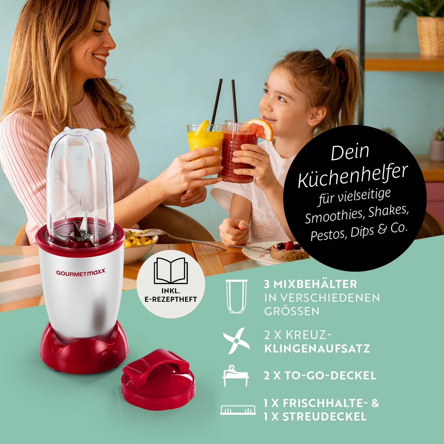 Power Pro Standmixer mit To-Go-Becher, Silber-rot | 400 W Power + | L-set