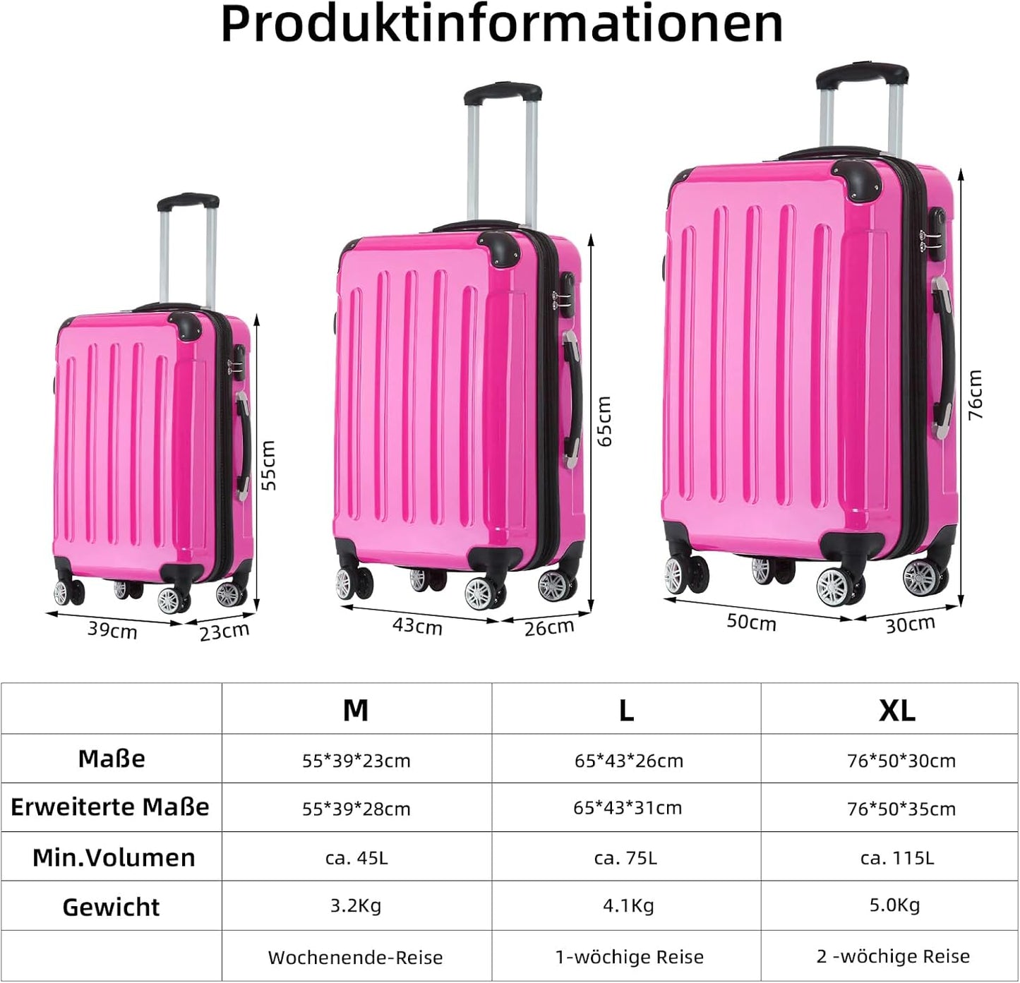 3-teiliges Hartschalen-Kofferset, Pink Kofferset
