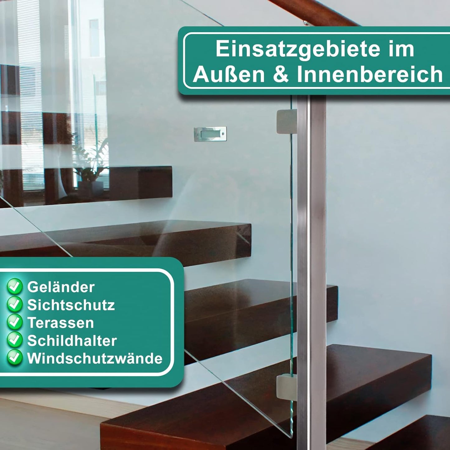 Glashalter Set für Treppengeländer (4 Stück), Anschluss: FLACH | Glasdicke: 6,76mm