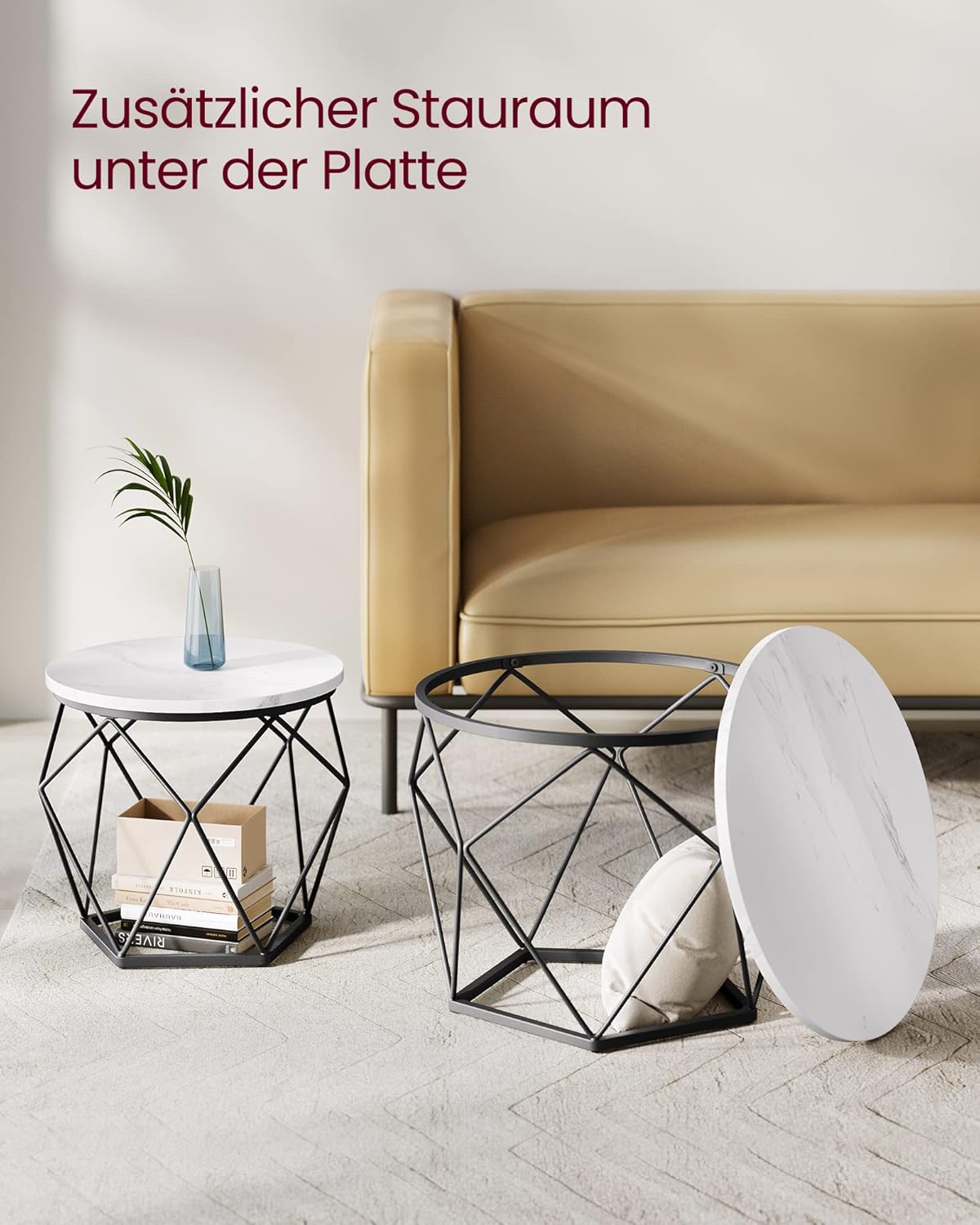 2er-Set Couchtische, Marmorweiss + Tintenschwarz