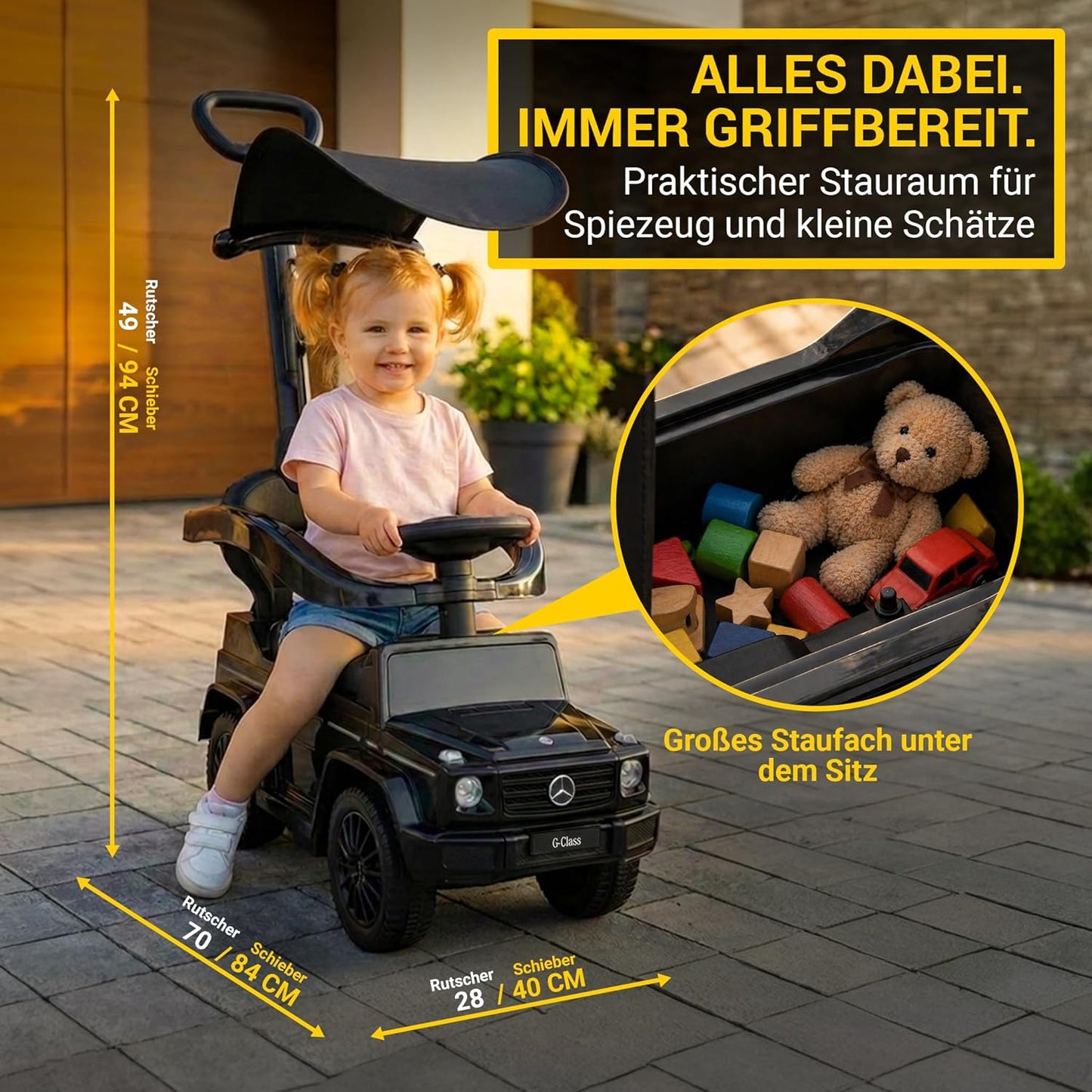 3in1 Rutschauto Mercedes G350d mit Schiebestange, Schutzbügel & Sonnendach, Schwarz 3in1