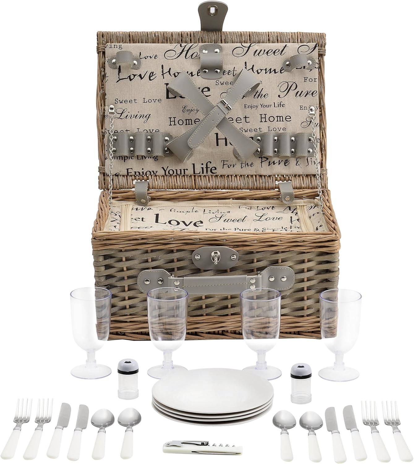 Picknickkorb-Set für 4 Personen mit Kühltasche, Grau 40 x 28 x 19 cm