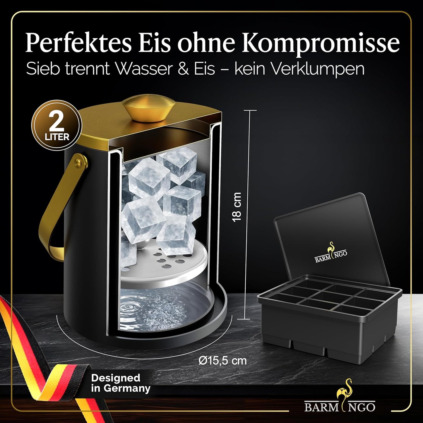 Eiswürfelbehälter mit Deckel und Zange, Schwarz-Gold