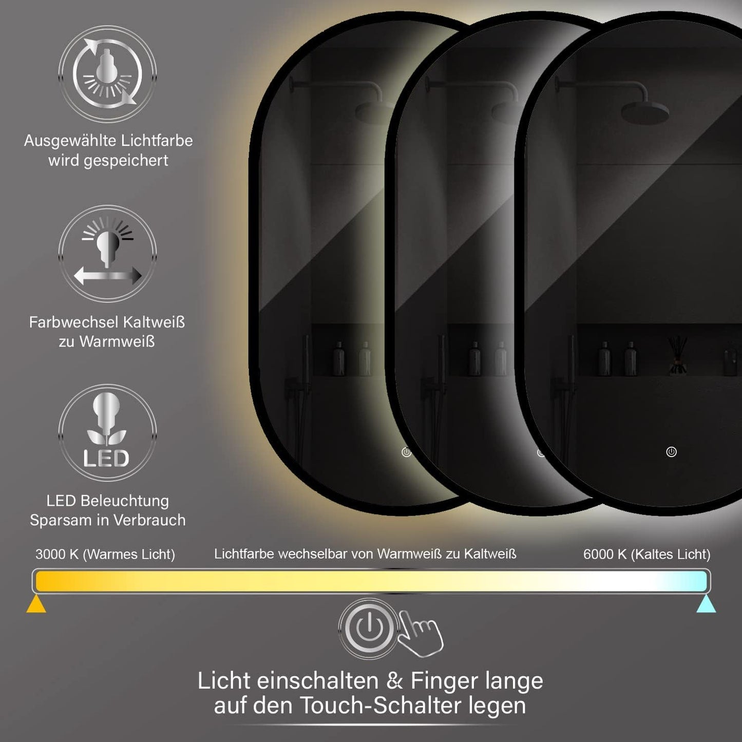Ovaler Badspiegel mit LED-Beleuchtung und Touch-Schalter, Schwarz + Oval ; 75L x 45B cm