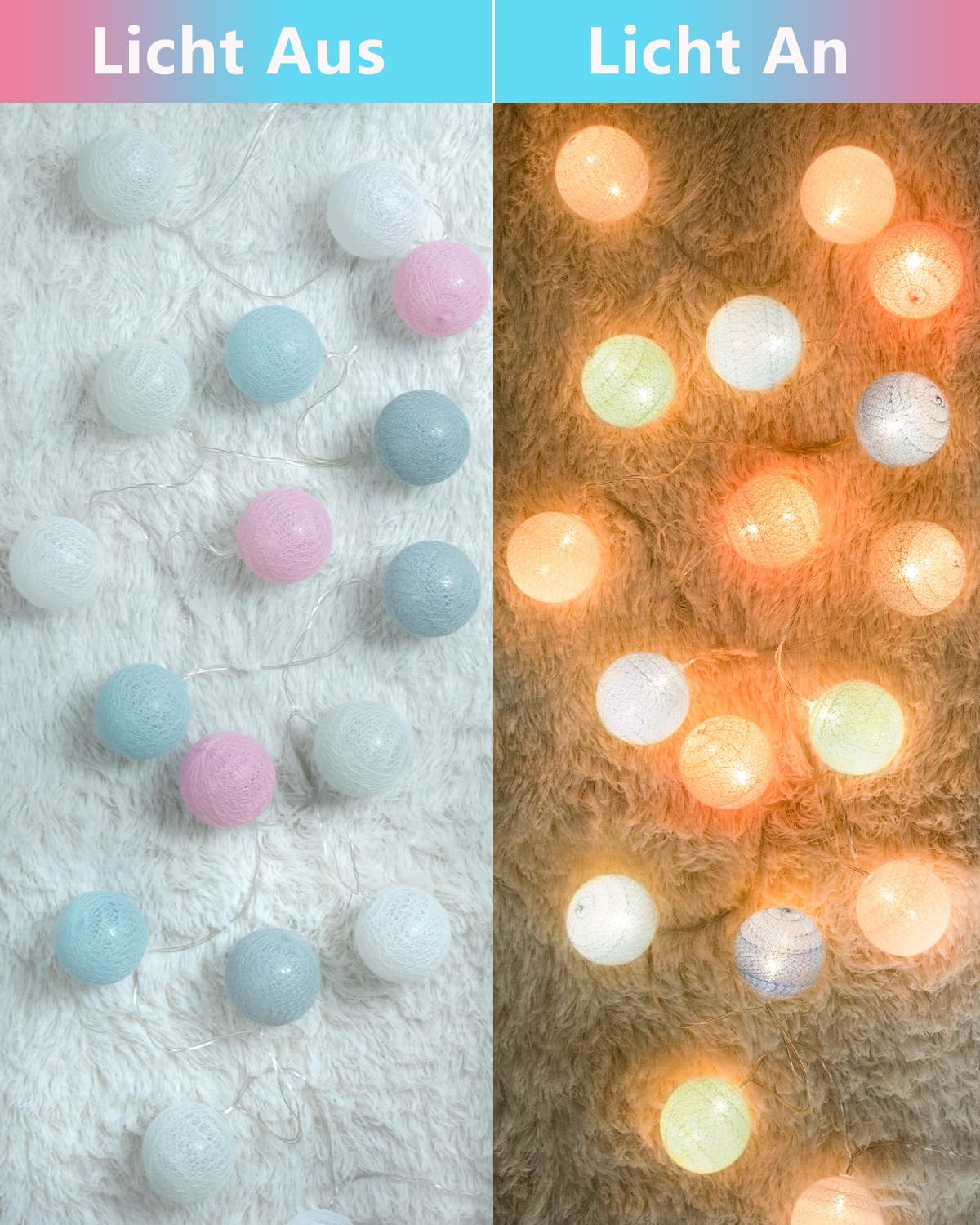 Lichterkette Lampions 20 LED mit Cotton Balls, Batterie Mehrfarbig