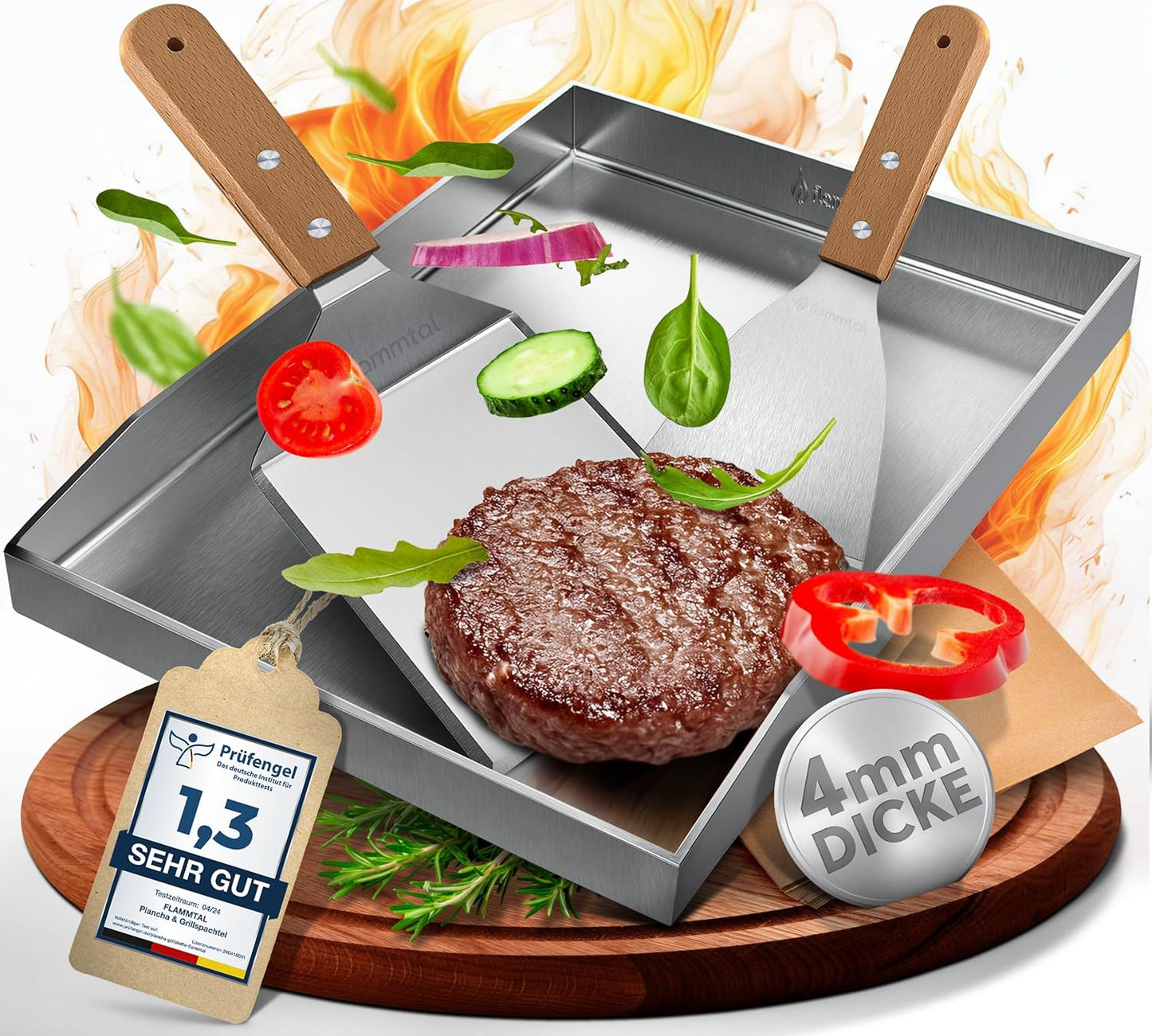Edelstahl-Grillplatte mit Spachtel & Burgerpapier, Geschlossen (40x30cm)