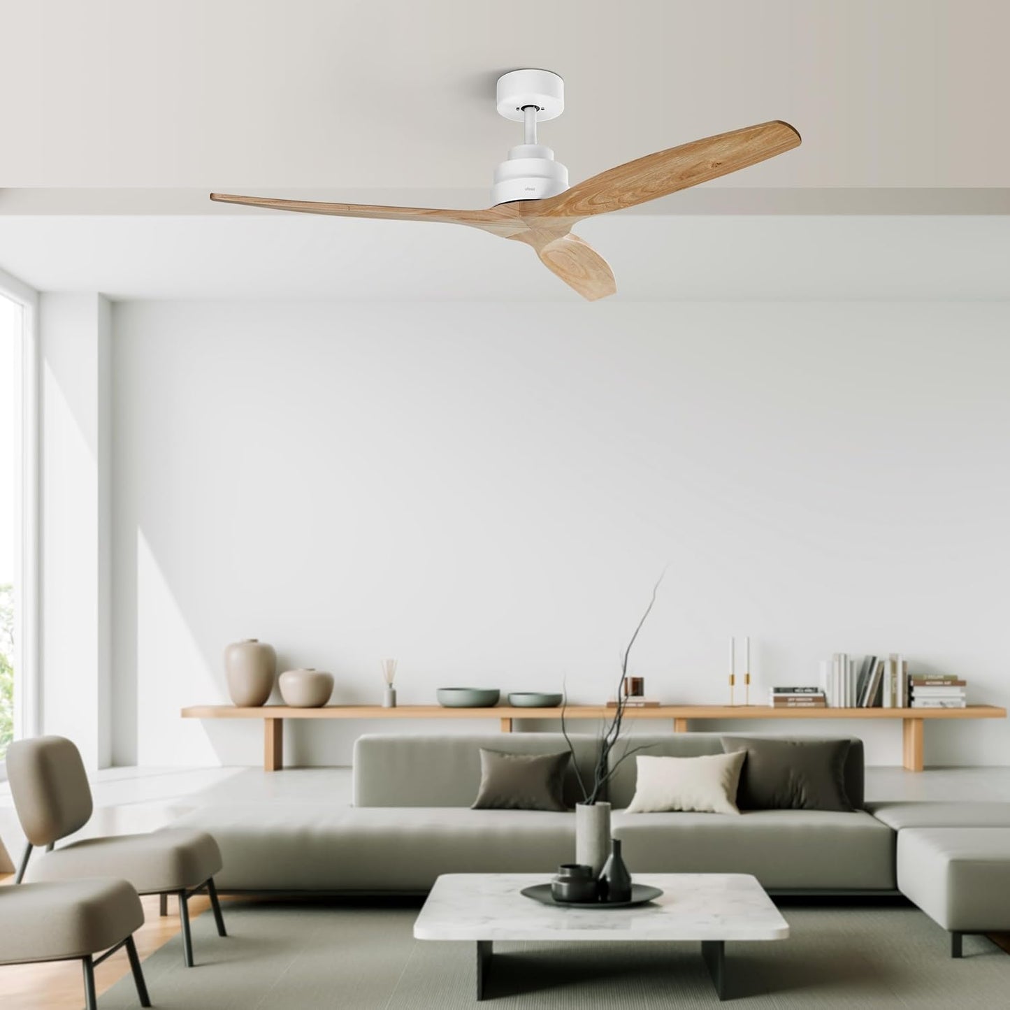 Deckenventilator mit Timer und Fernbedienung, Ohne Licht Weiss - Helles Holz