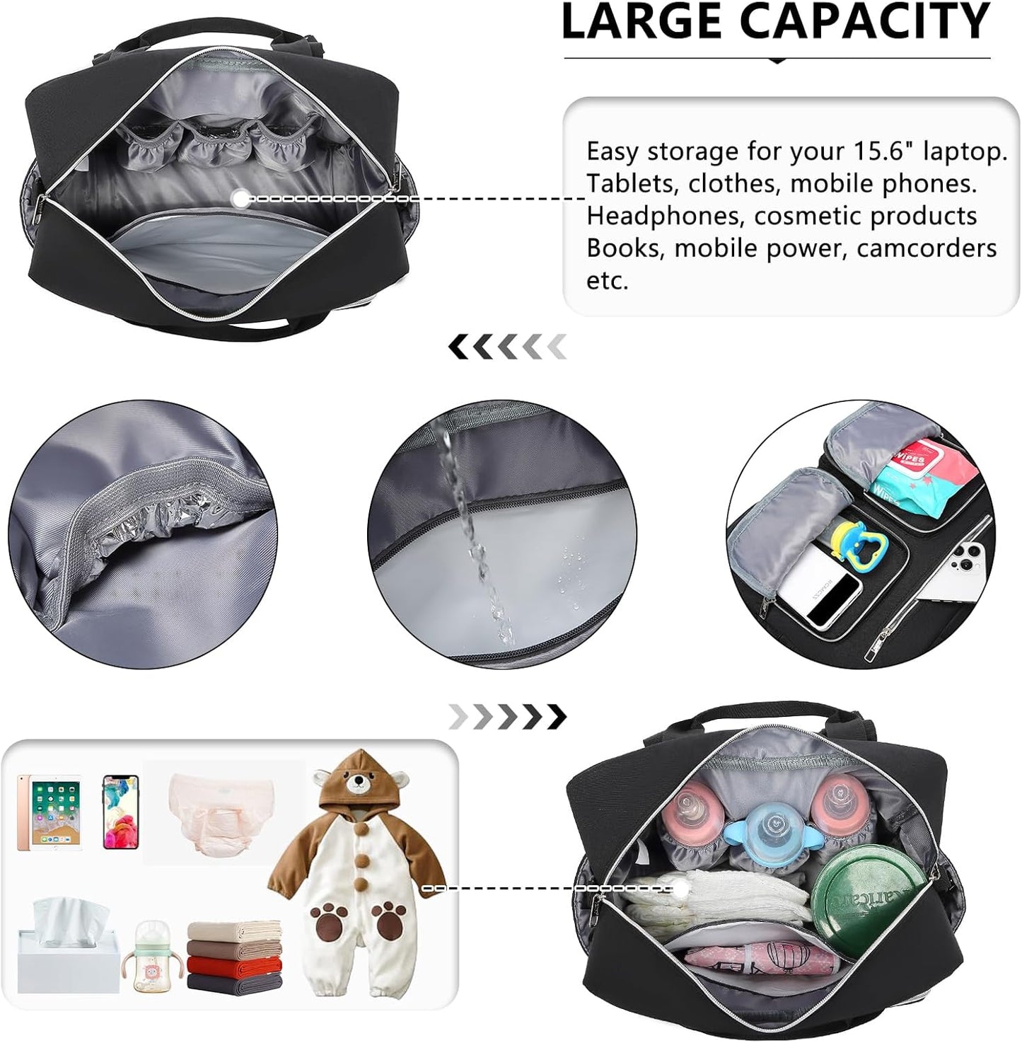 Baby-Wickeltasche mit Wickelauflage, 37 Zentimeter x 14,5 Zentimeter x 37 Zentimeter Grosse Tasche mit Wickelauflage Schwarz