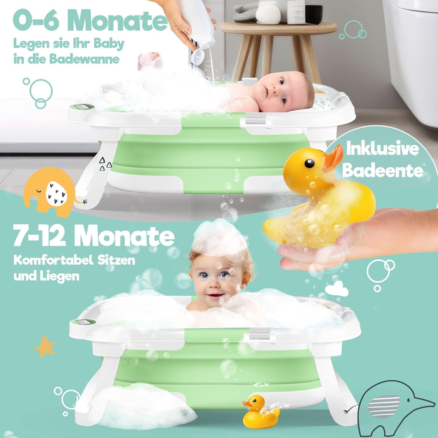 Faltbare Babybadewanne mit Thermostat & Kissen, Grün