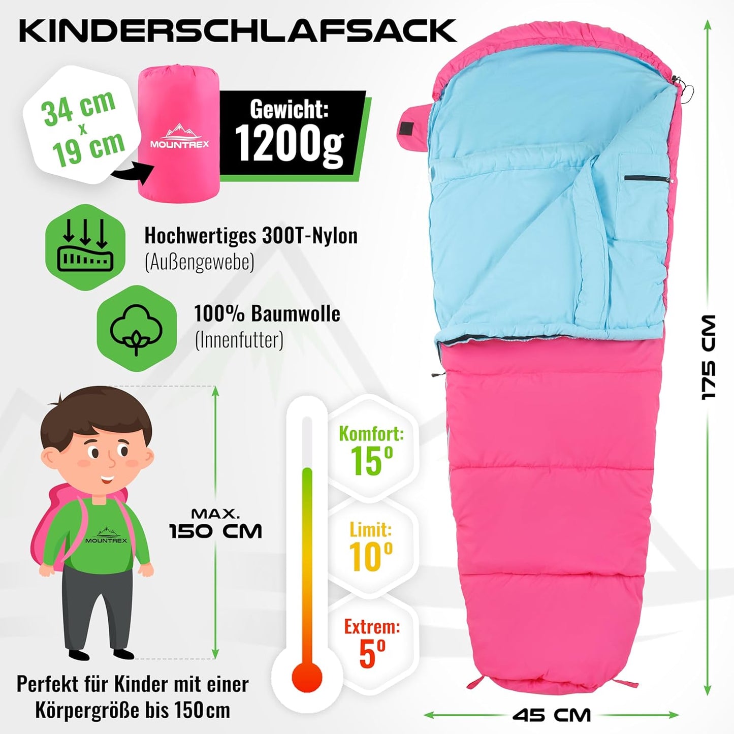 Kinderschlafsack, Rosa/Blau 175 x 70 x 45cm