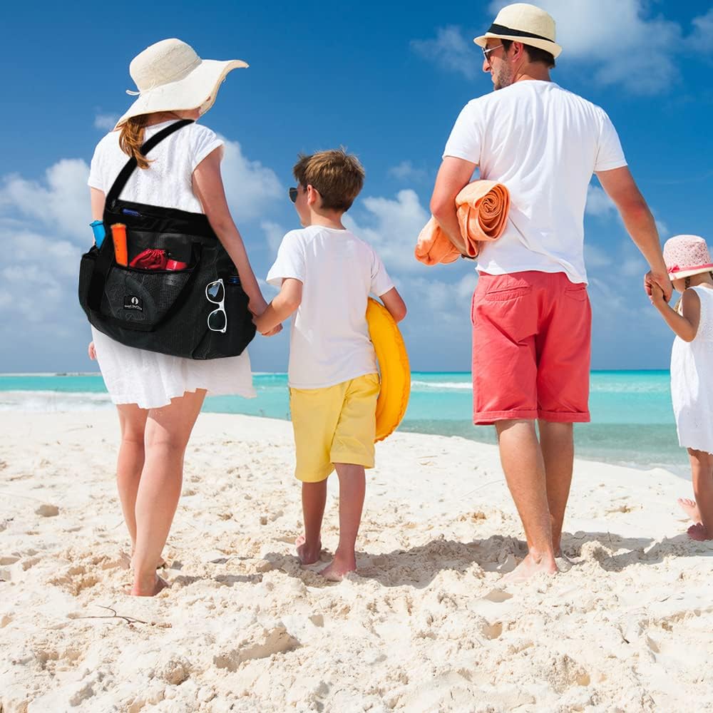 Netz-Strandtasche für den Strand, Schwarz / Schwarz