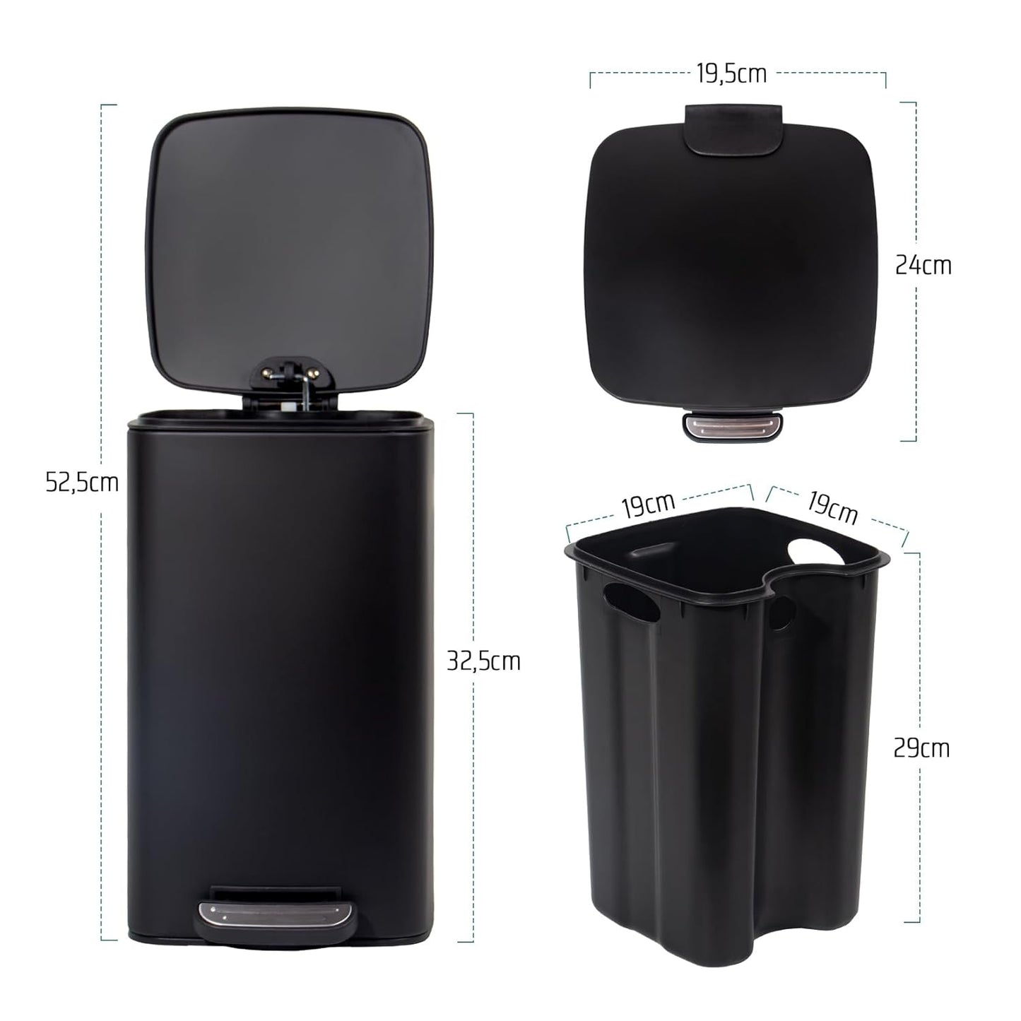 Kosmetikeimer mit Soft-Close-Deckel, (8L) 24 x 19,5 x 33 cm Schwarz
