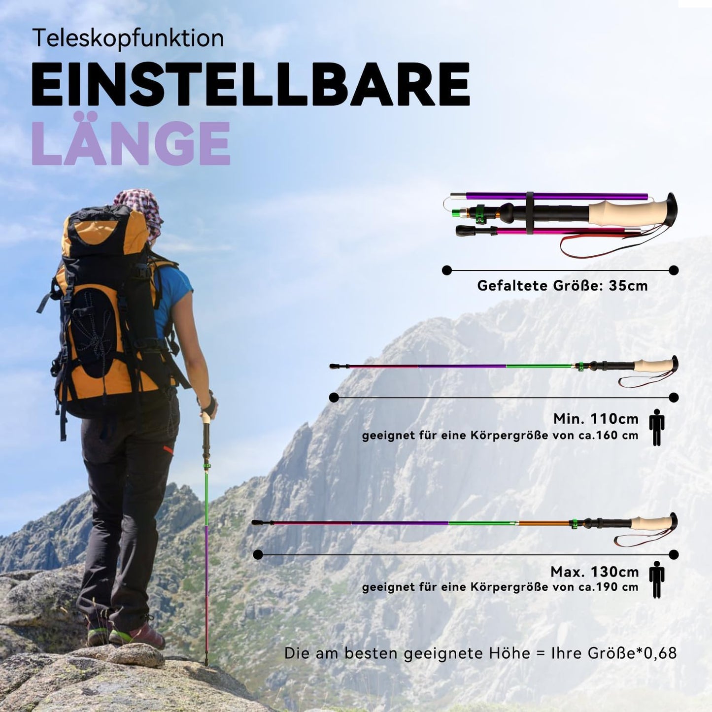 Faltbare Trekkingstöcke, Korkgriff-Bunt