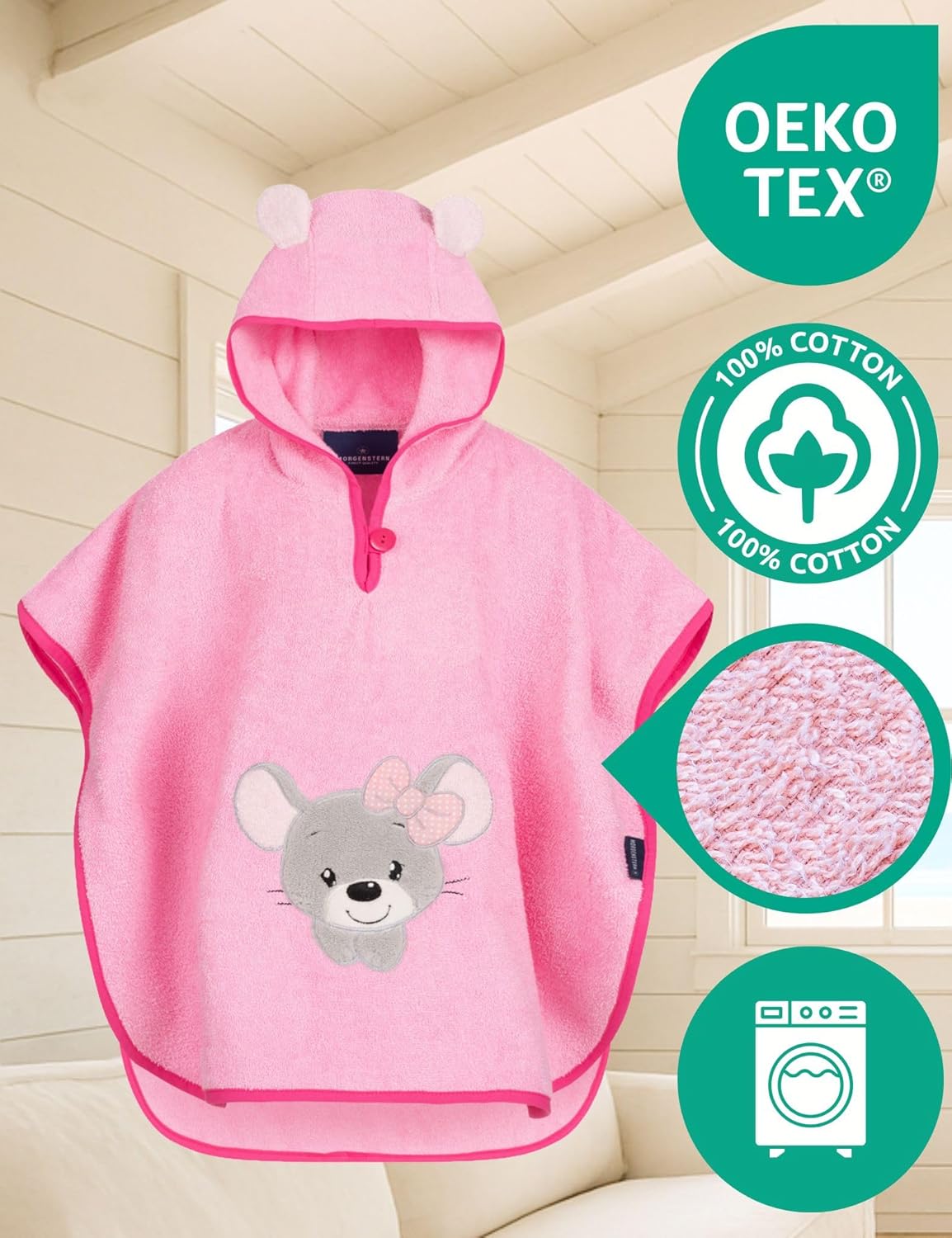 Badeponcho mit Kapuze für Kinder, 1-3 Jahre Rosa - Maus