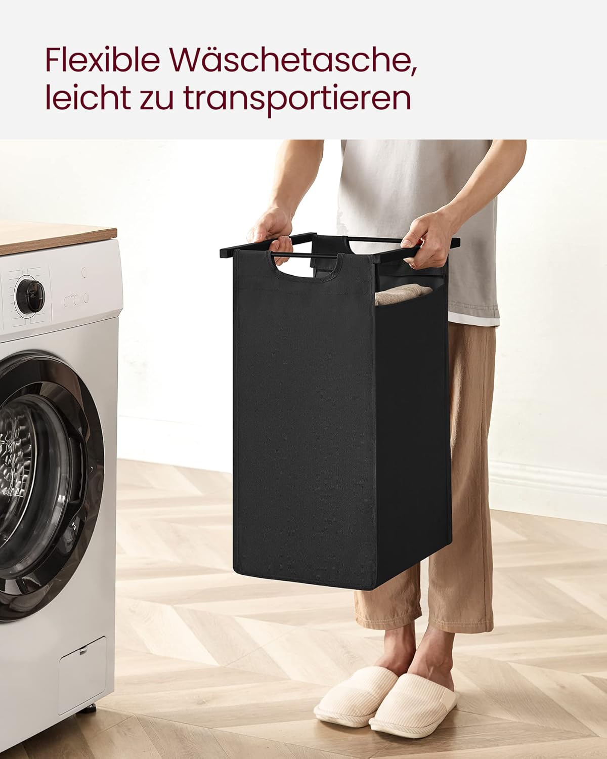 Wäschesammler mit Ablage und 2 Fächer, Tintenschwarz + Vintagebraun 92 L (2 Fächer)