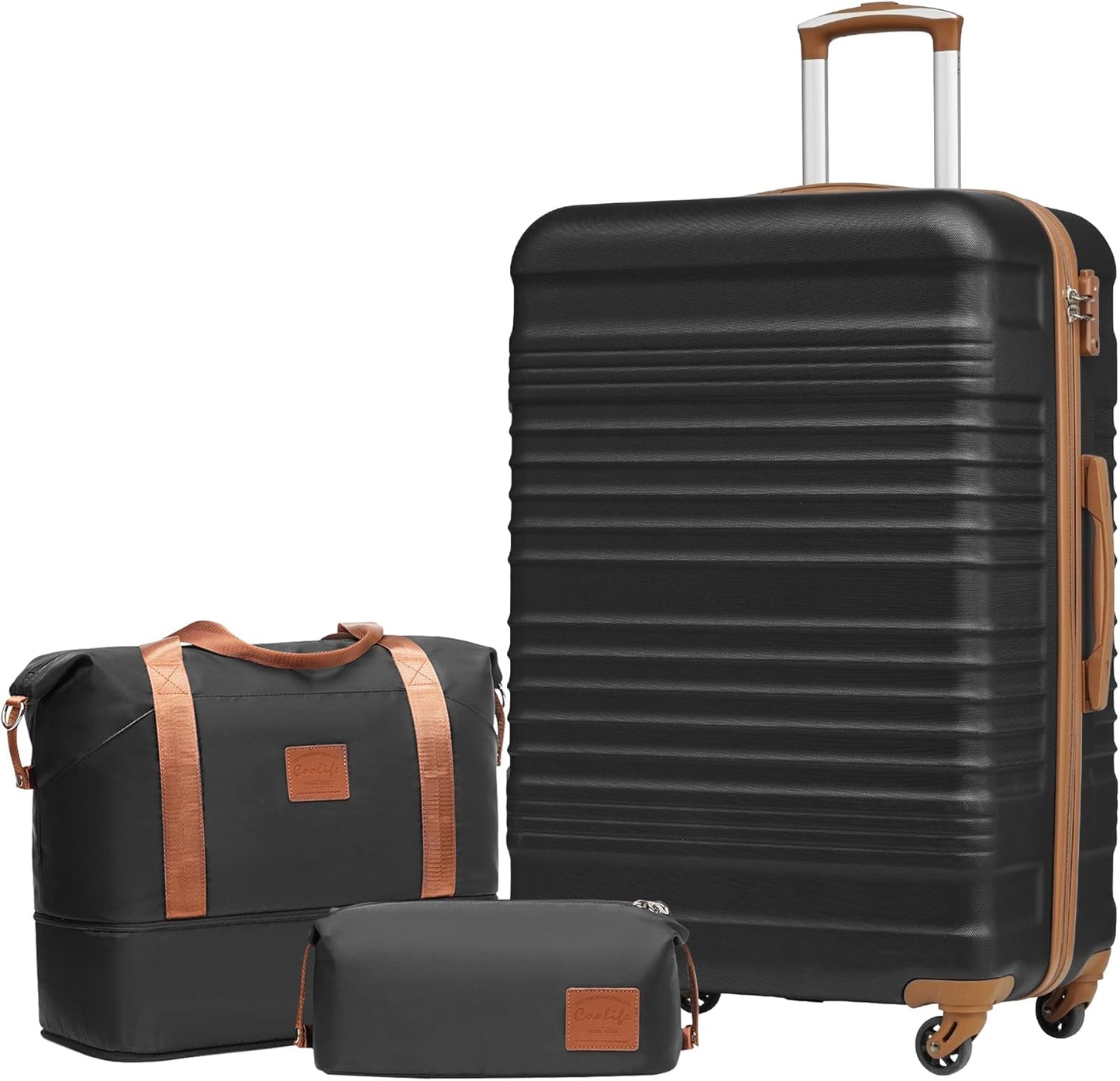 3-teiliges Koffer-Set Essentials mit Reisetasche & Kulturtasche, Großer Koffer-Set 3tlg Schwarz/Braun