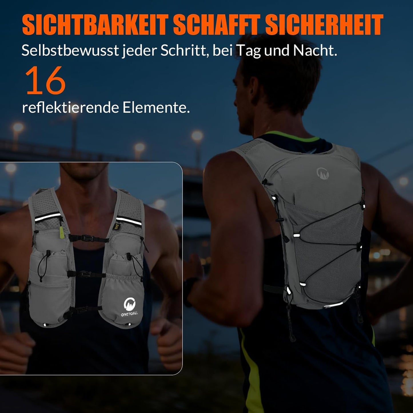 Trinkweste mit Trinkblase und Flasche, Grau mit eine 500ml Trinkflasche + eine 2L Trinkblase