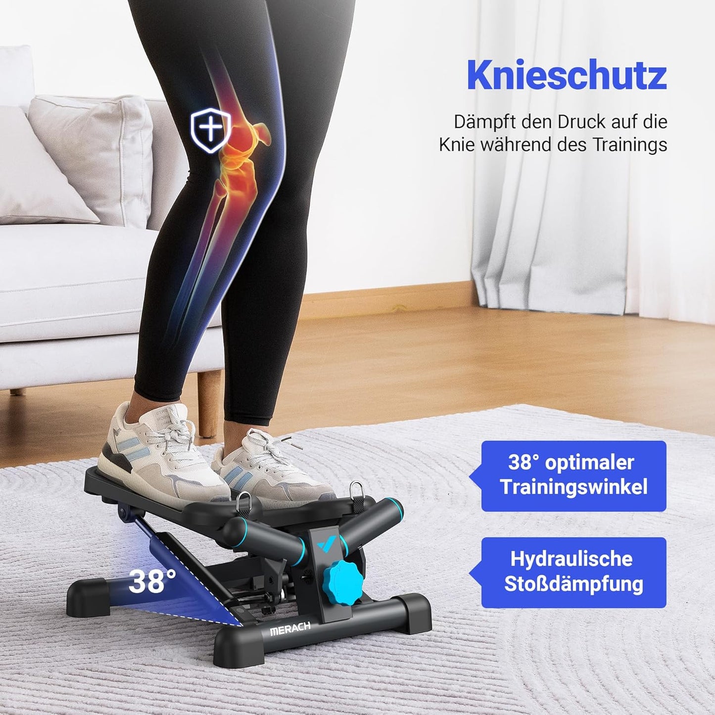 2-in-1 Mini-Stepper mit LCD-Monitor und Power Ropes, blau-schwarz