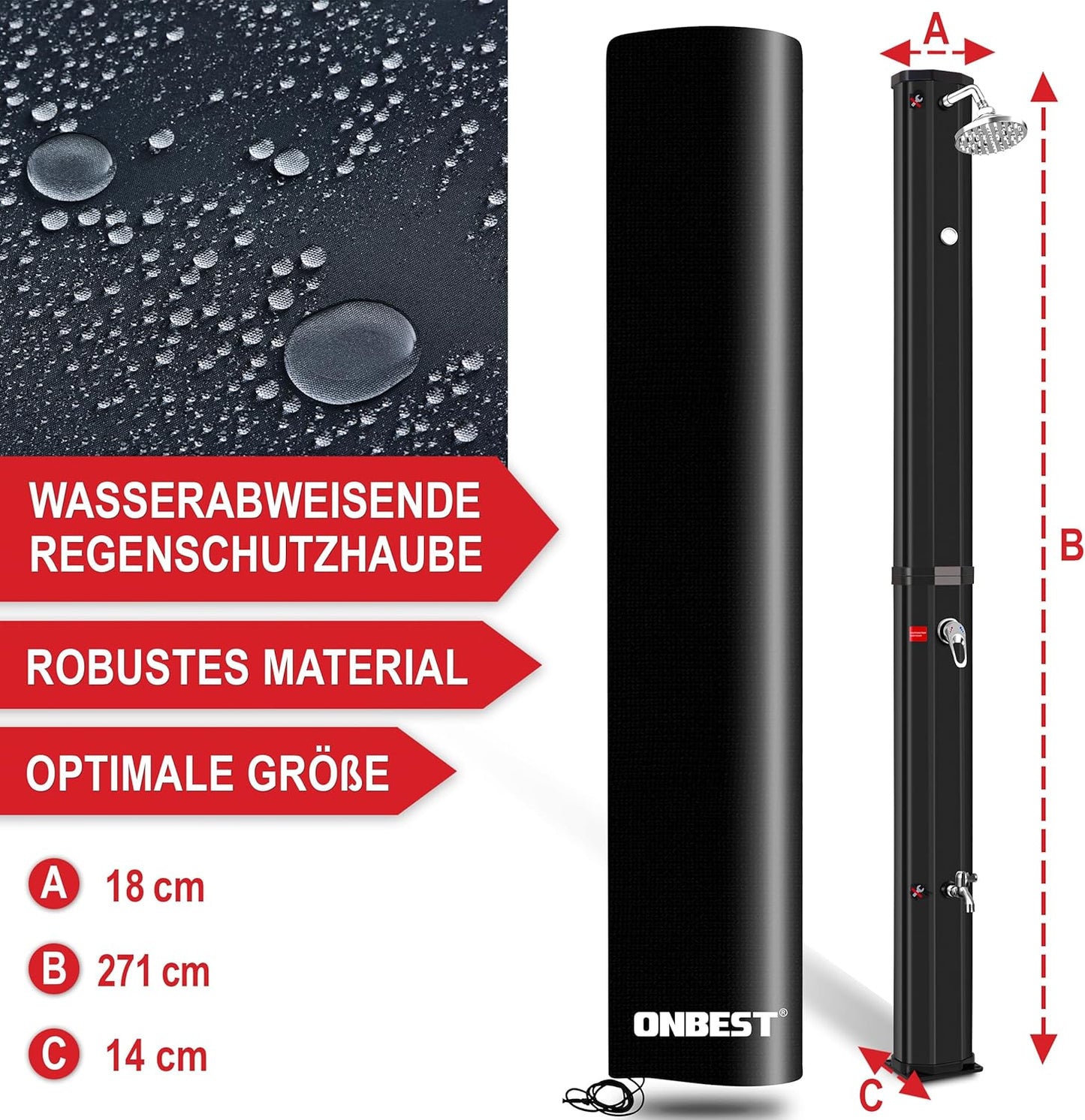 Solardusche Garten mit Thermometer & Wasserhahn 35L, Schwarz