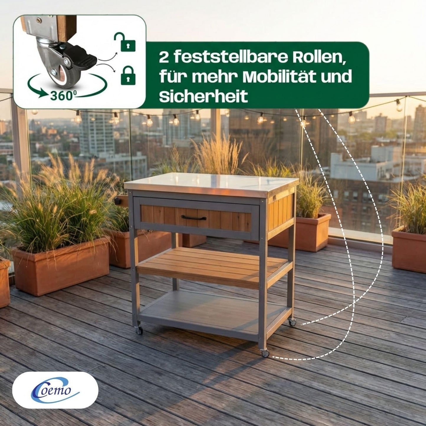 Kücheninselwagen mit Edelstahloberfläche, 82 x 53 cm Grau