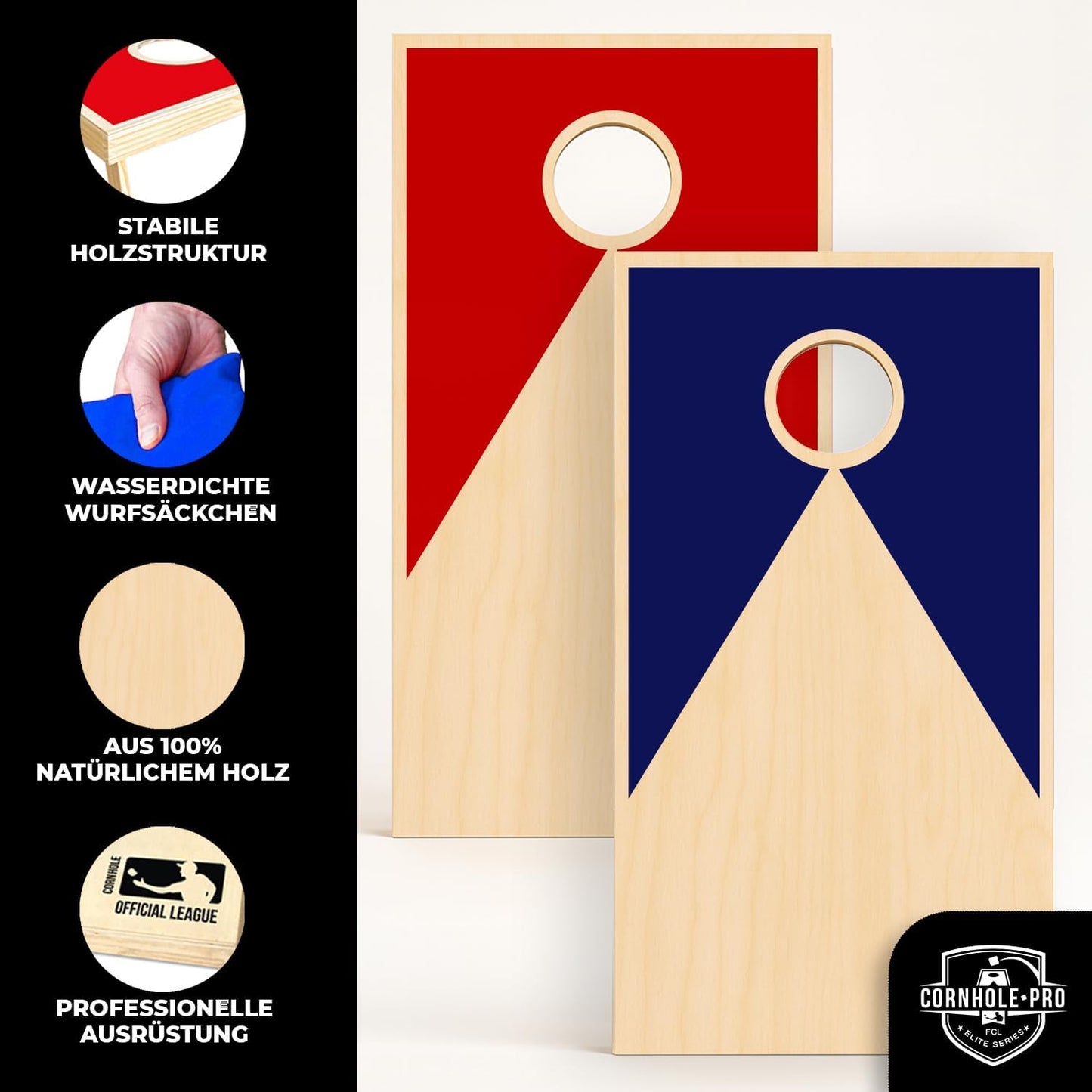 Cornhole Spielset mit 2 Boards & 8 Säckchen, Cornhole aus Holz Blau und Rot