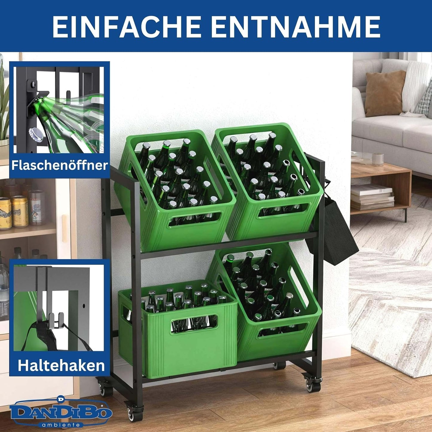 Getränkekistenregal mit Rollen und Haken