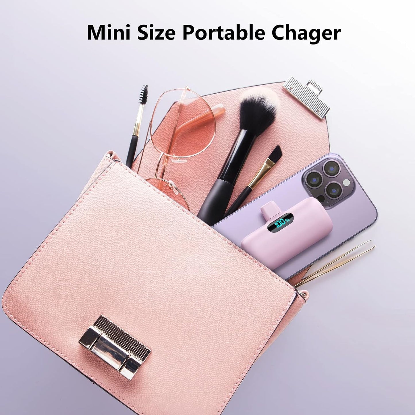Mini Powerbank USB C mit LCD Display, Rosa