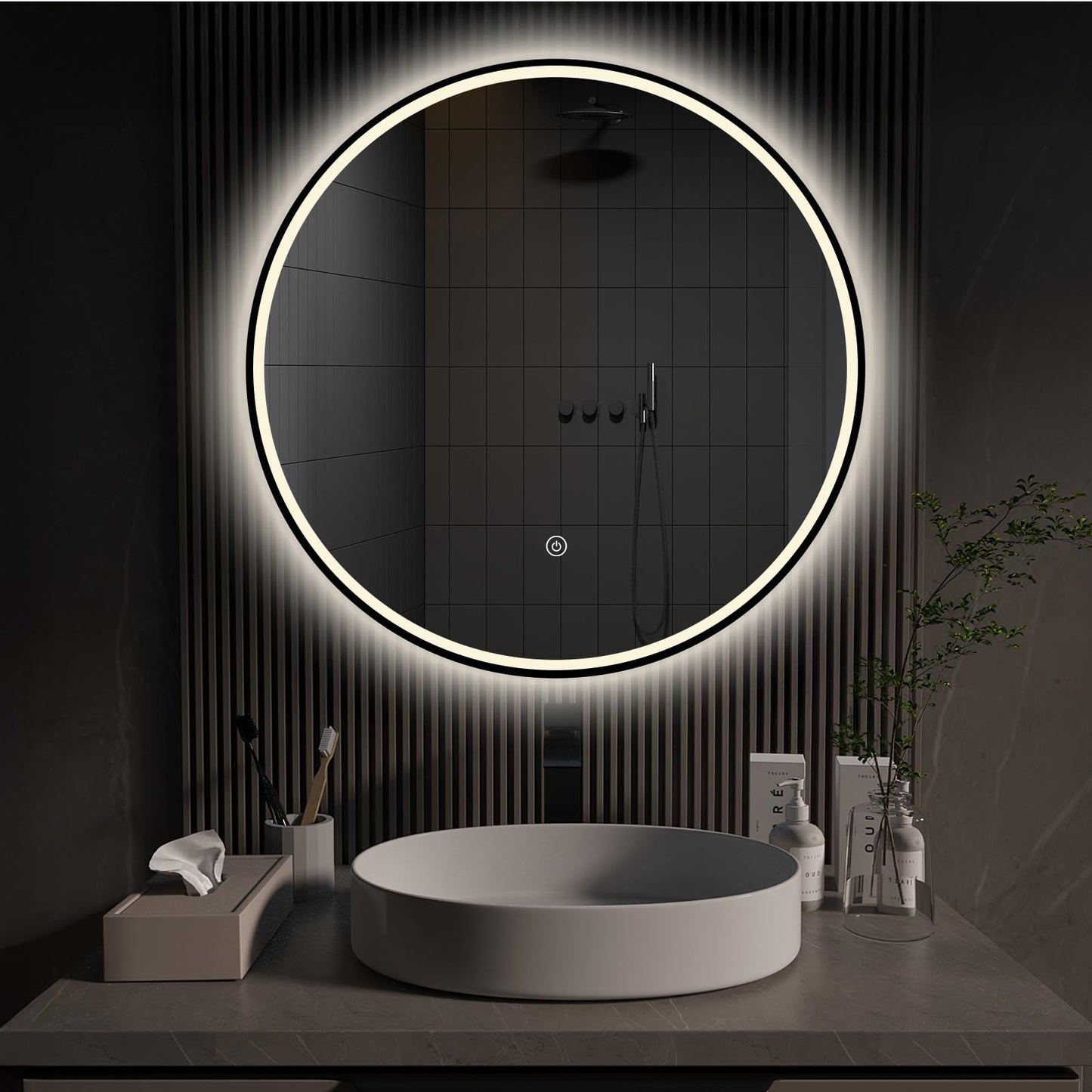 Runder Badspiegel mit LED-Beleuchtung, 60cm, Schwarz 60L x 60B cm