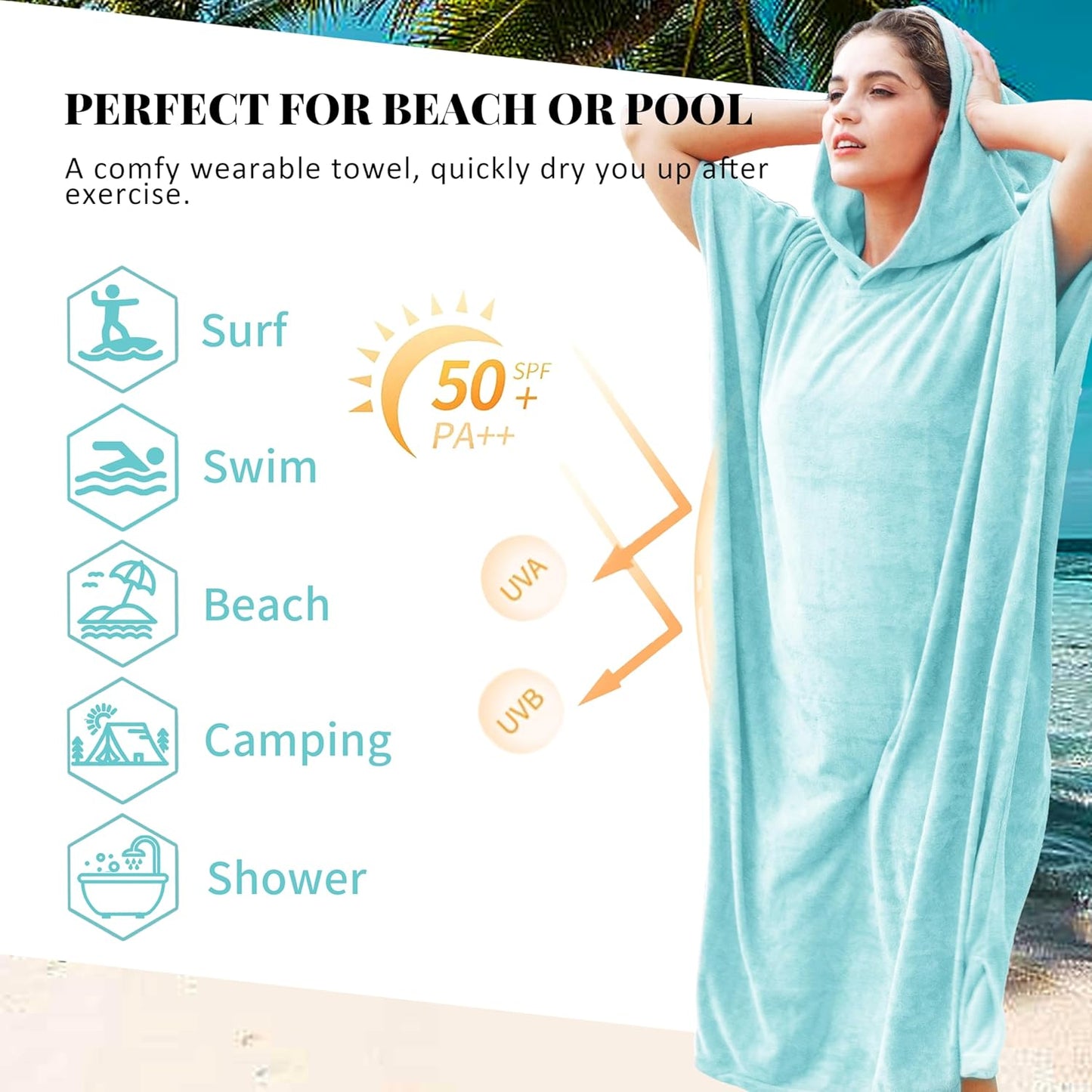 Mikrofaser Surfponcho mit Kapuze, Hellblau