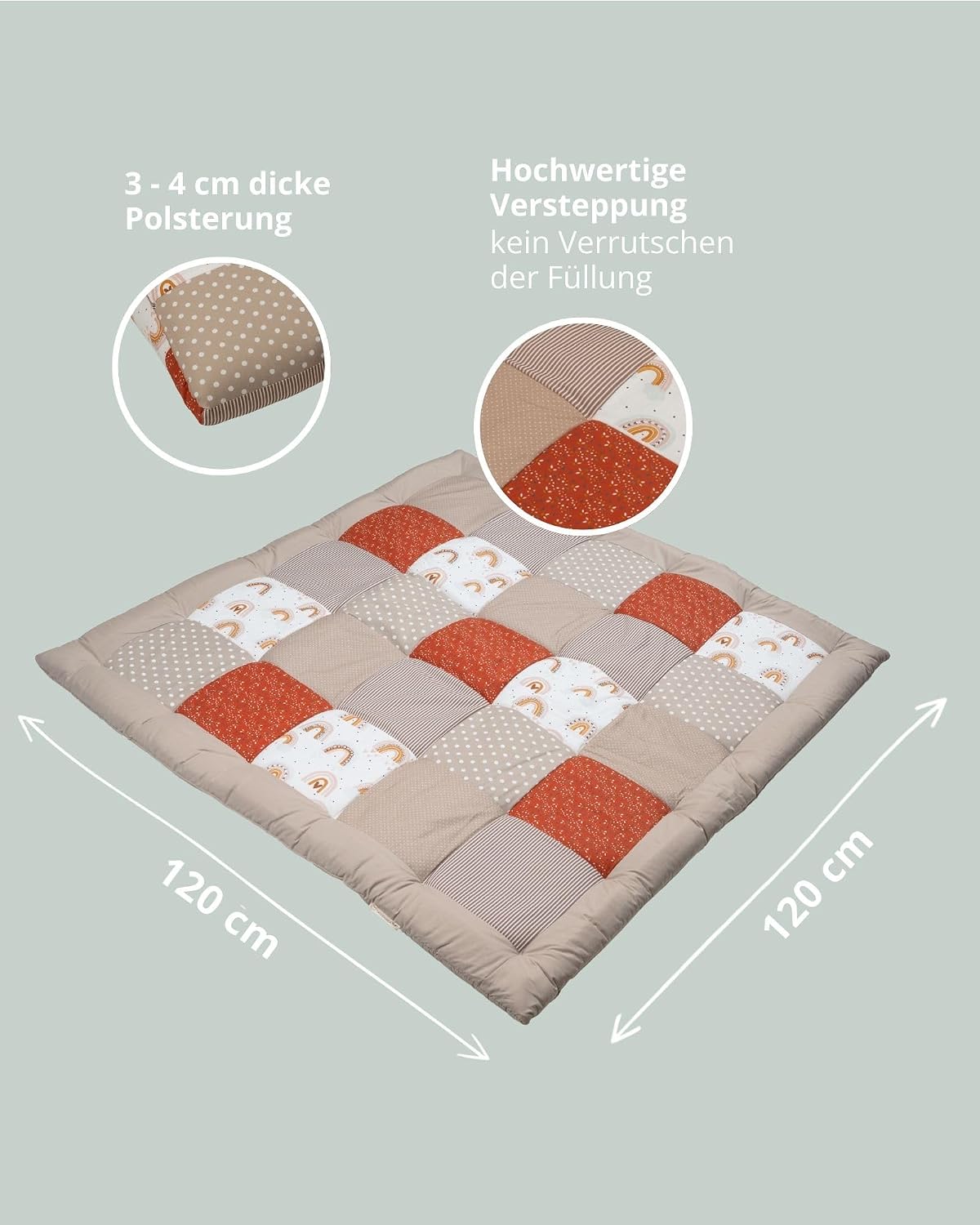 Gepolsterte Krabbeldecke, Regenbogen 120 x 120 cm