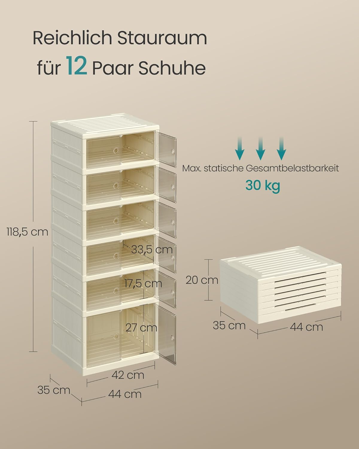 Schuhregal Organizer mit 6 Ebenen (für 12 Paar), Cremeweiss 12 Paare