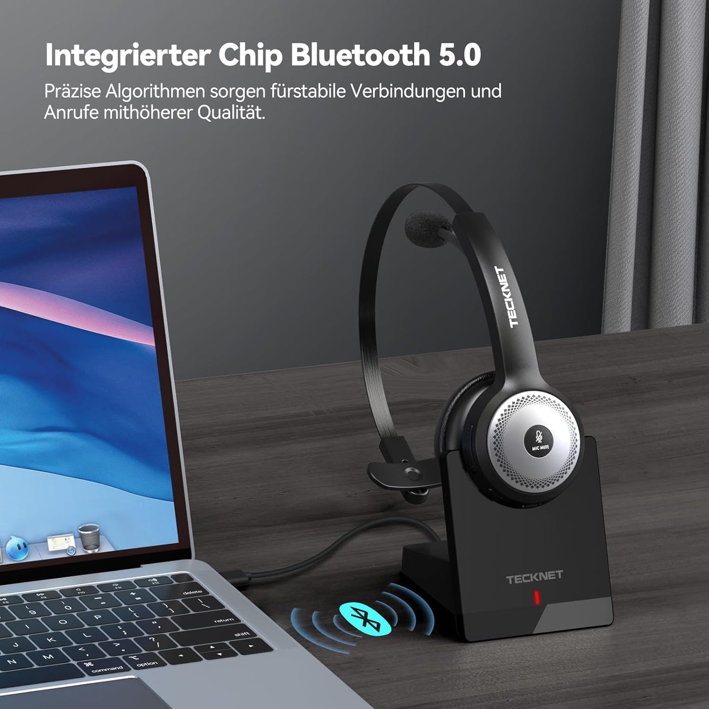 Bluetooth-Headset mit Mikrofon & USB Dongle, Bluetooth + USB Dongle + Ladestation schwarz