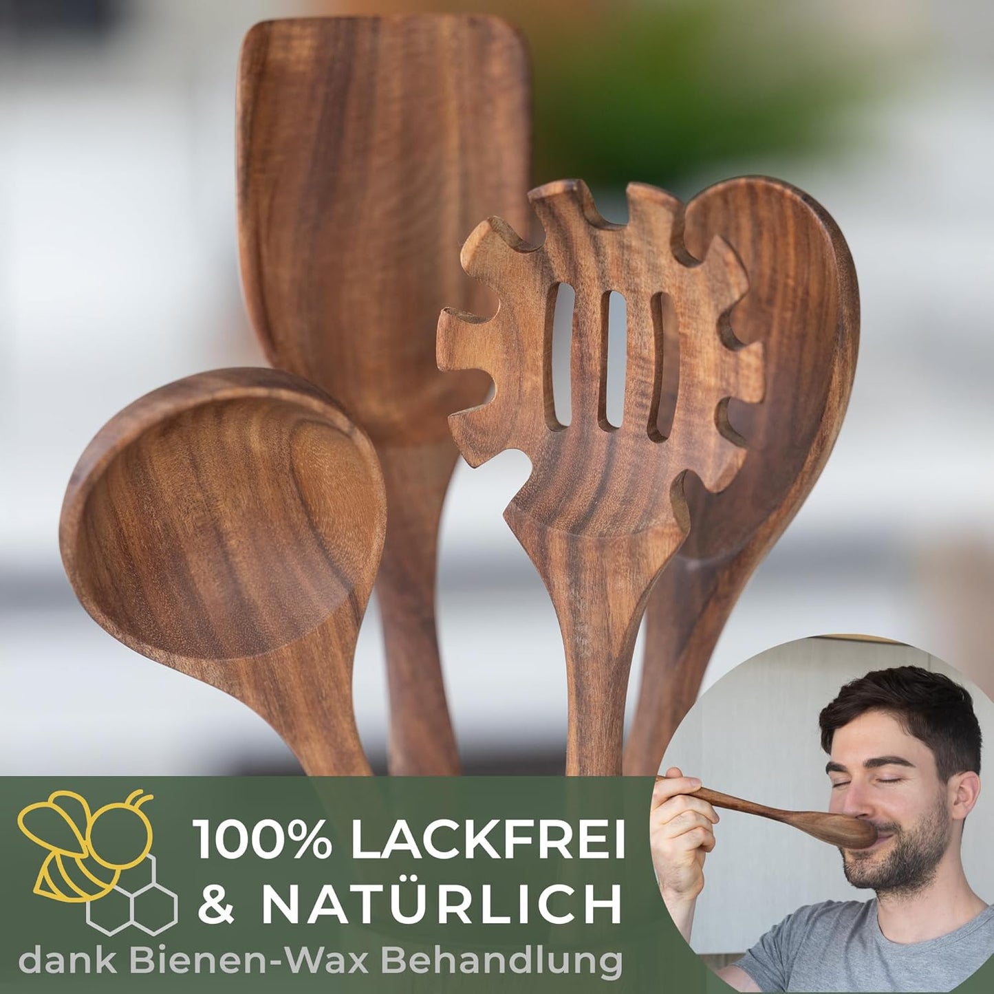 4-teiliges Küchenhelfer-Set, Kochbesteck Set 5 Teak