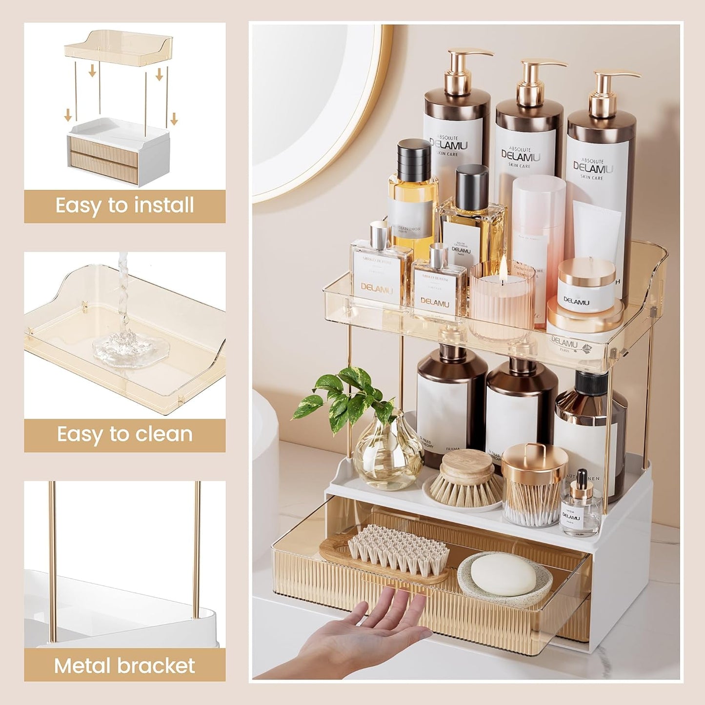 Make-up Organizer mit Schubladen und 2 Etagen, Bernstein