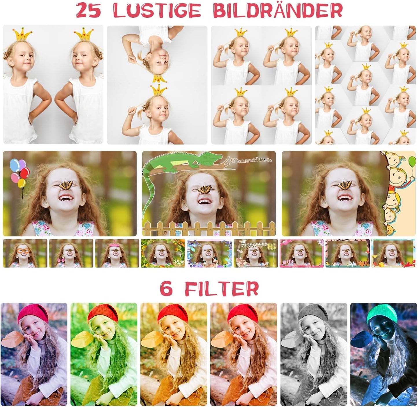Kinderkamera mit 180° Flip-Objektiv & IPS-Bildschirm, Rosenrot