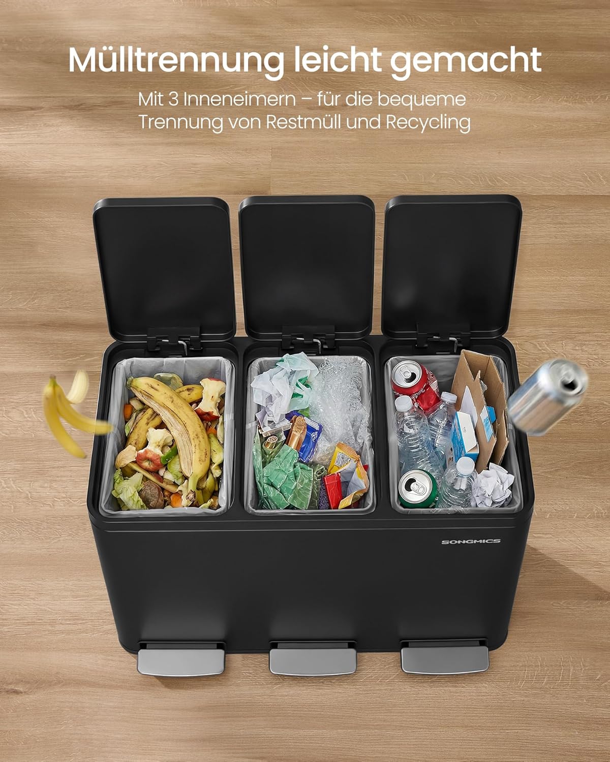 Mülltrennsystem mit Tretmechanismus, 3 x 15 L, LTB145BZ02, schwarz 3 x 15 L