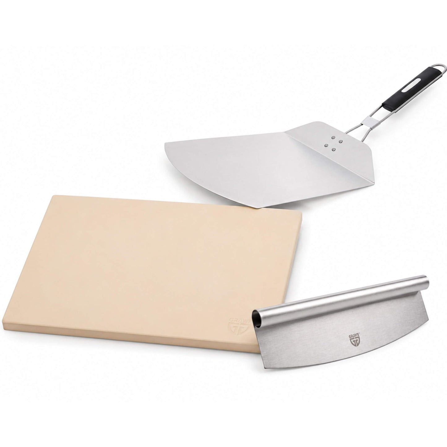 Pizzastein-Set mit Zubehör, Pizzastein, Pizzaschieber, Pizzamesser