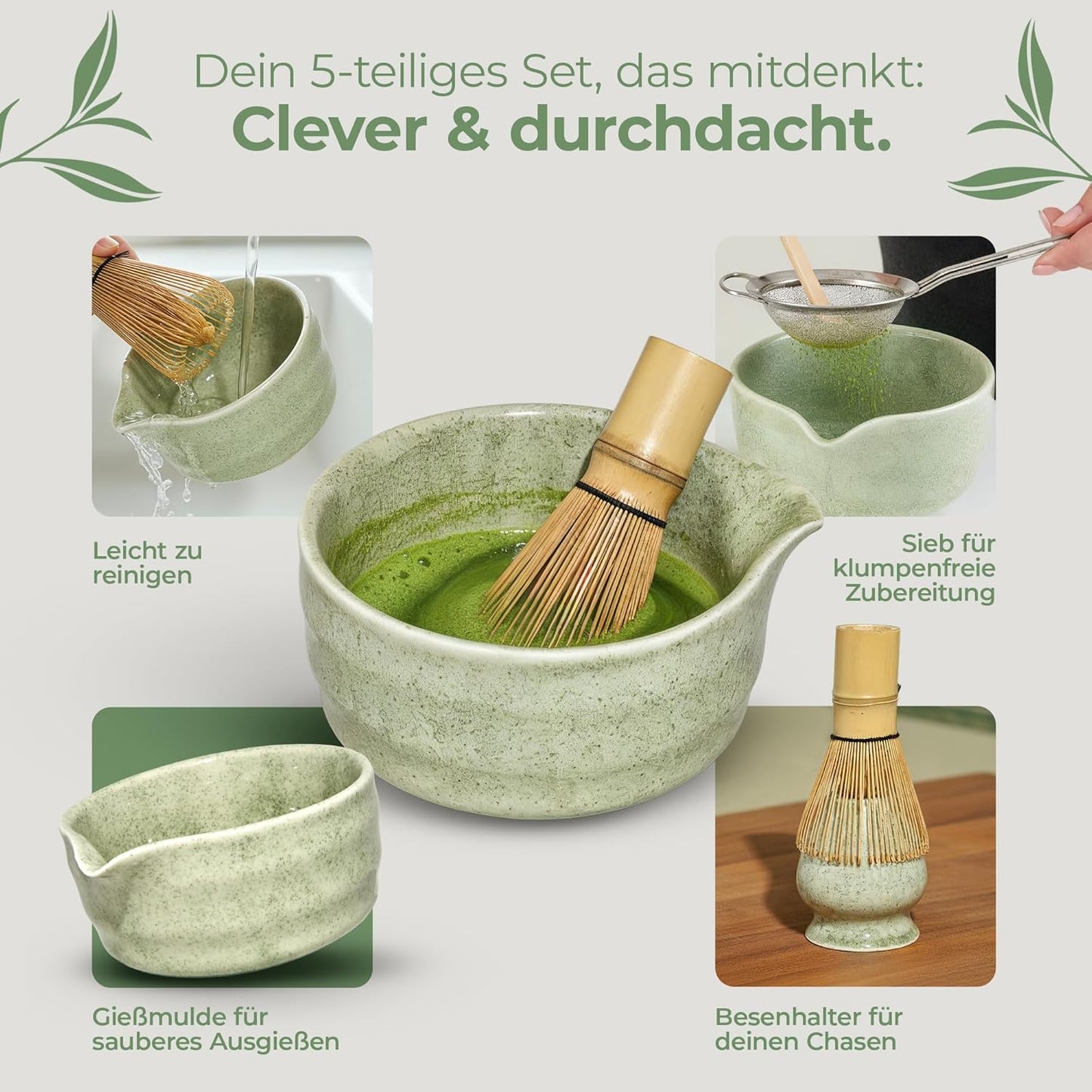 Matcha Tee-Set mit Chasen und Schale (5-teilig), Grün