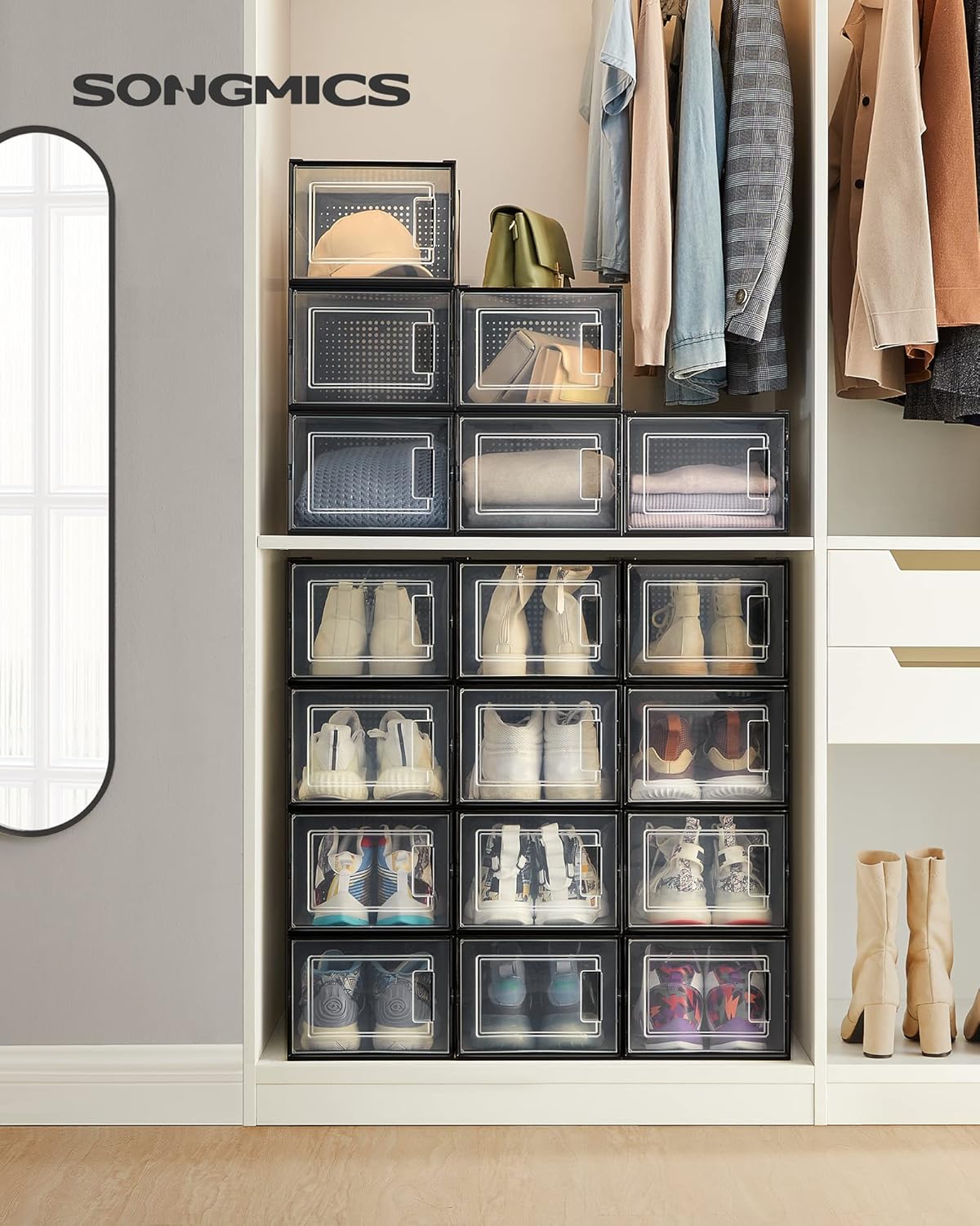 18er Set Stapelbare Schuhboxen, Transparent + Schwarz 18er Set für Schuhe bis Größe 46