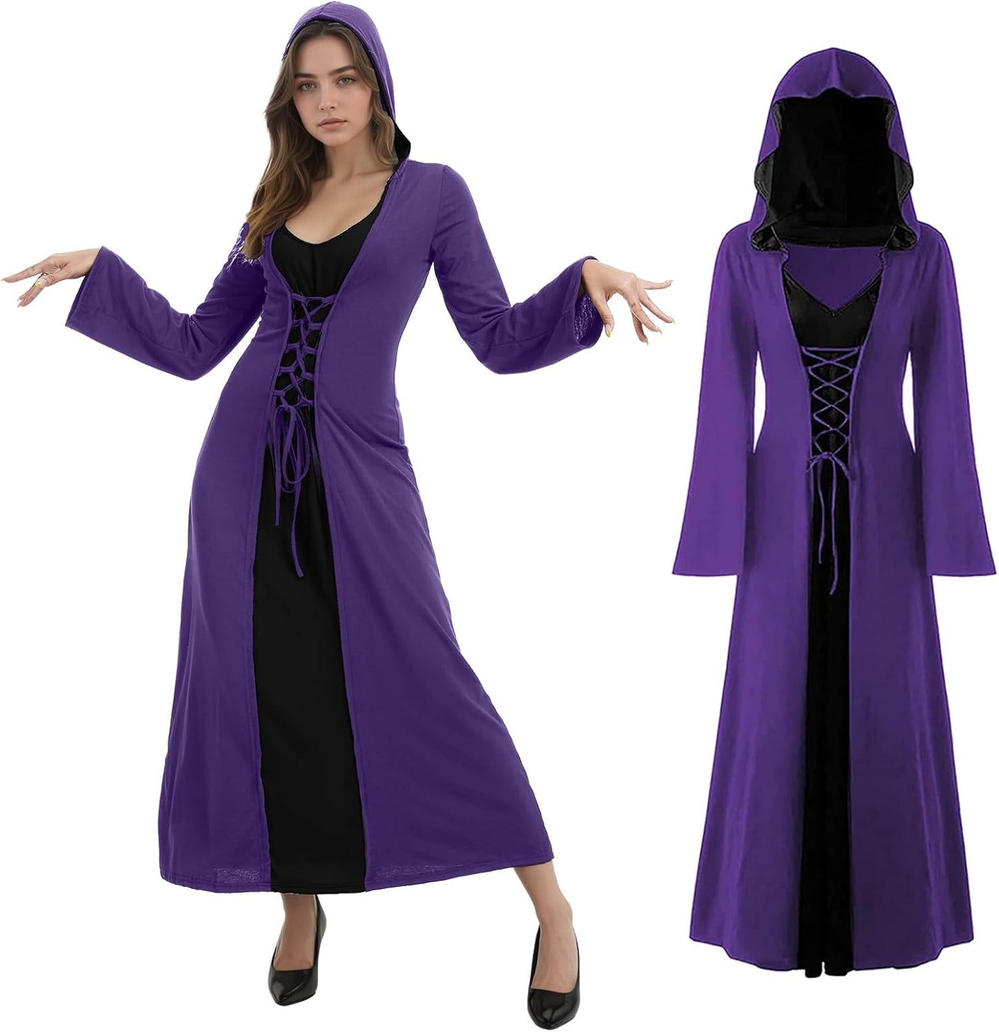 Mittelalterliches Halloween Kostüm mit Kapuze für Frauen, S Lila und Schwarz