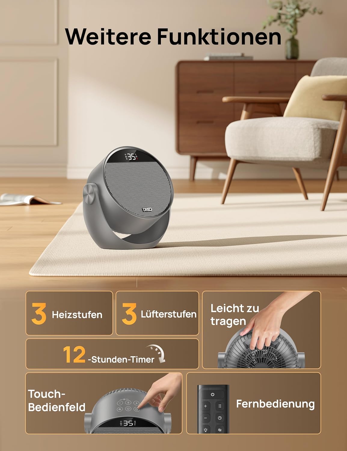 Heizlüfter DR-HSH020 mit Thermostat und Timer, Grau