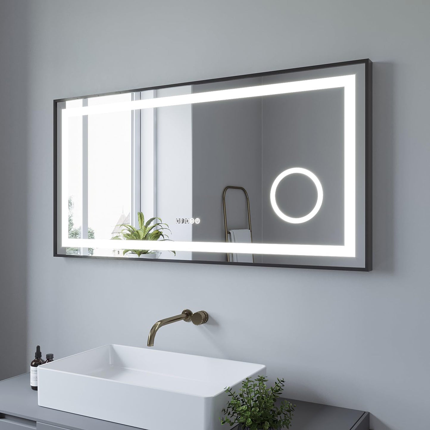 LED Badspiegel mit Beleuchtung und Digitaluhr 120x60 cm, 120x60cm Kaltweiß Uhr Schminkspiegel Sautens (Touch, Dimmbar, Heizung)
